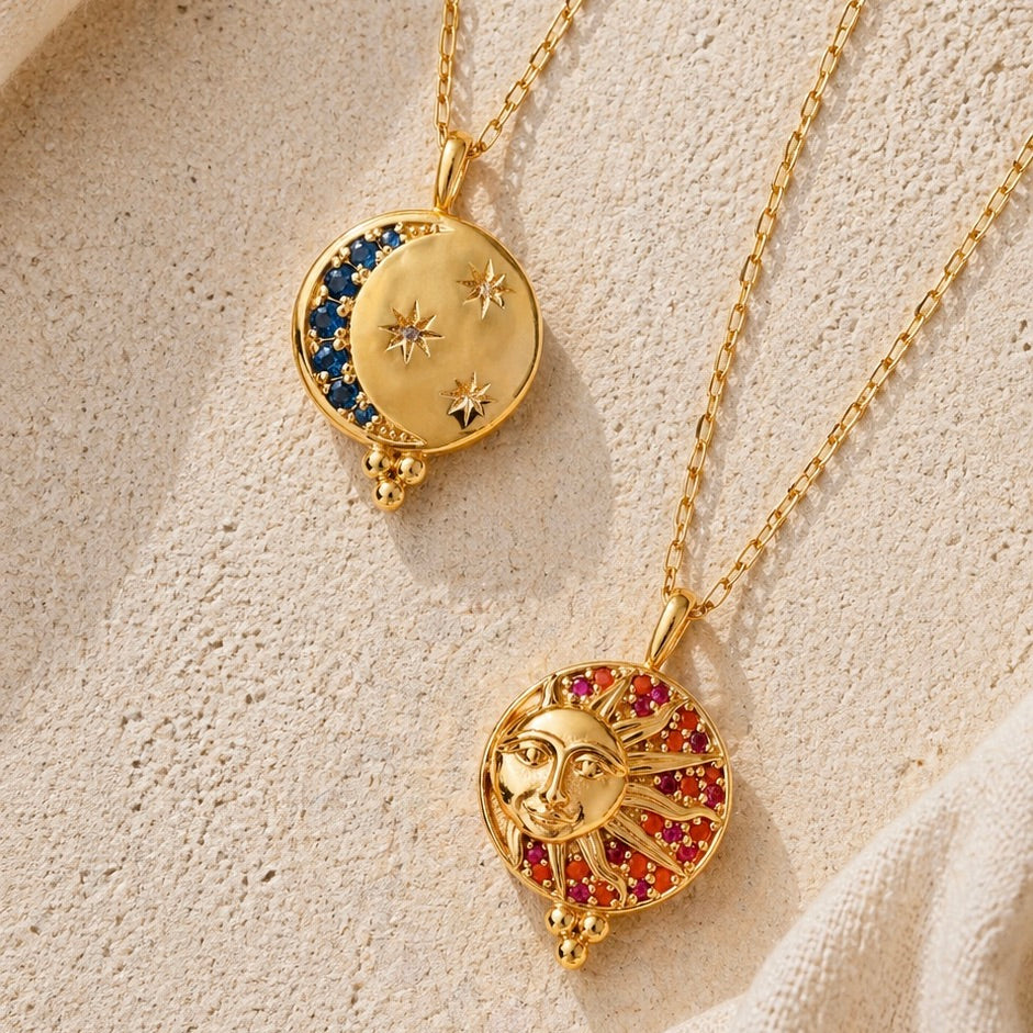 Aurora Sun & Moon Pendant Necklace in Garnet, gold plated, handcrafted gemstone necklace Singapore