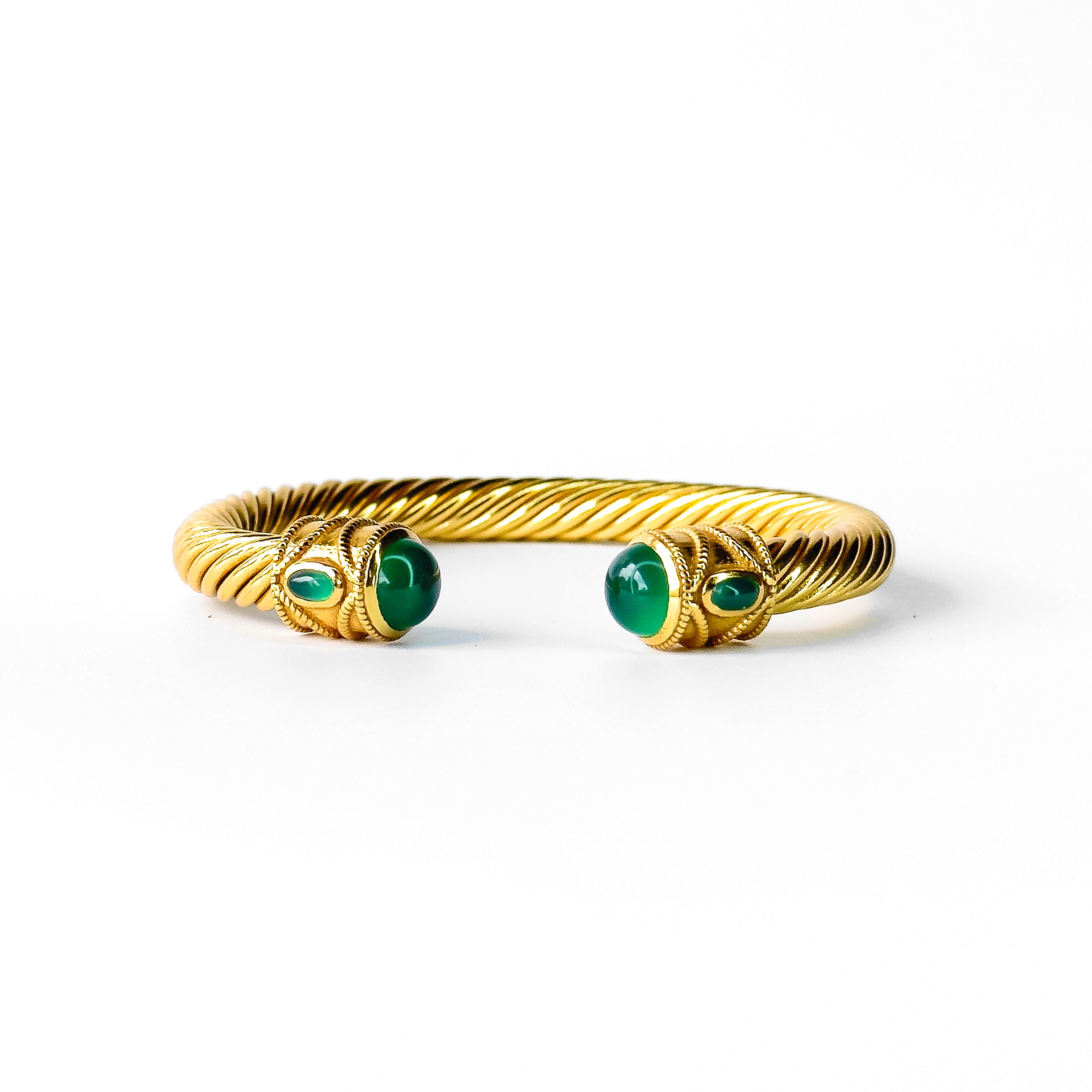 Cable cuff in Green Onyx in Green Onyx, gold plated, handcrafted gemstone bracelets Singapore
