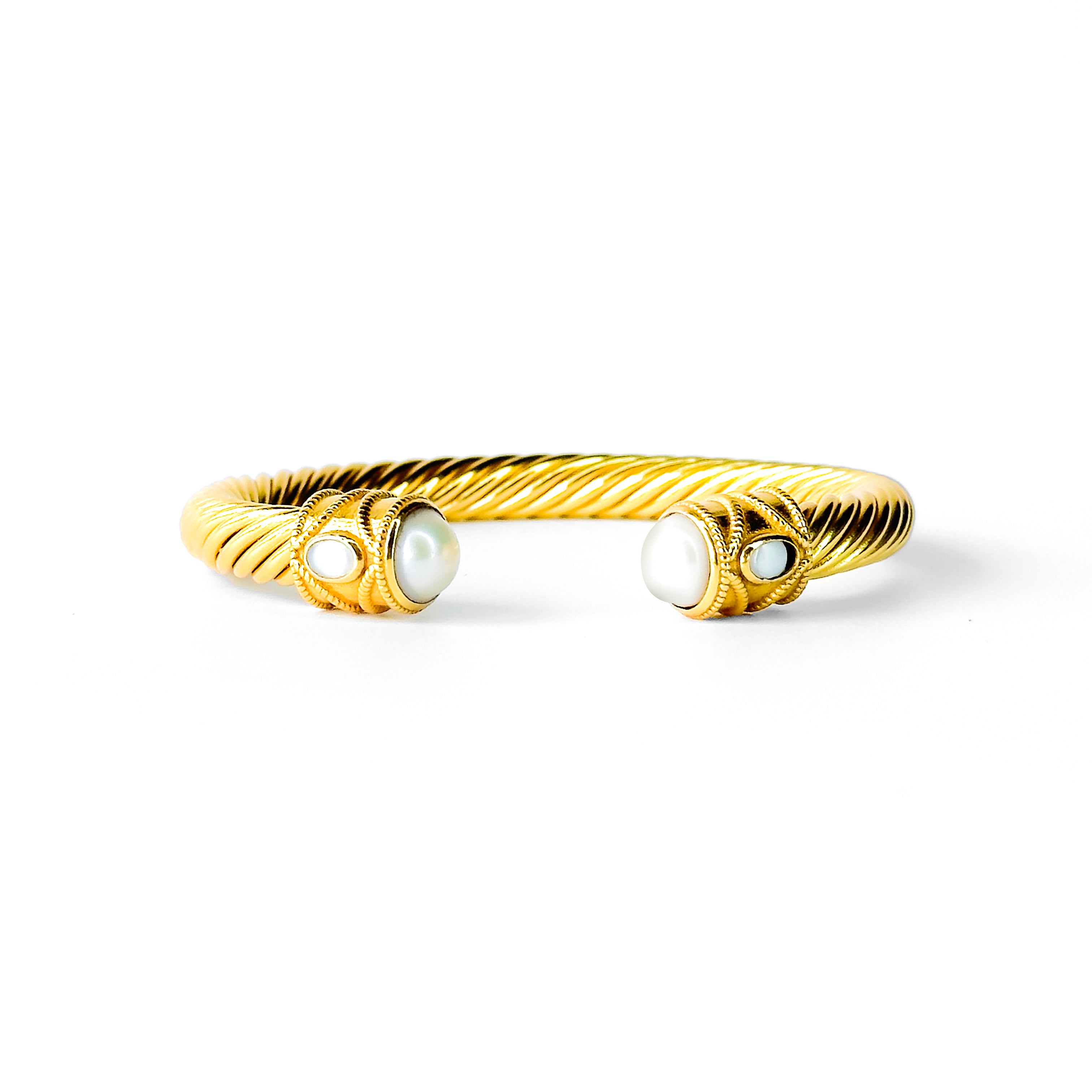 Gold twisted cuff bangle with pearl gemstones – Shop Lustre