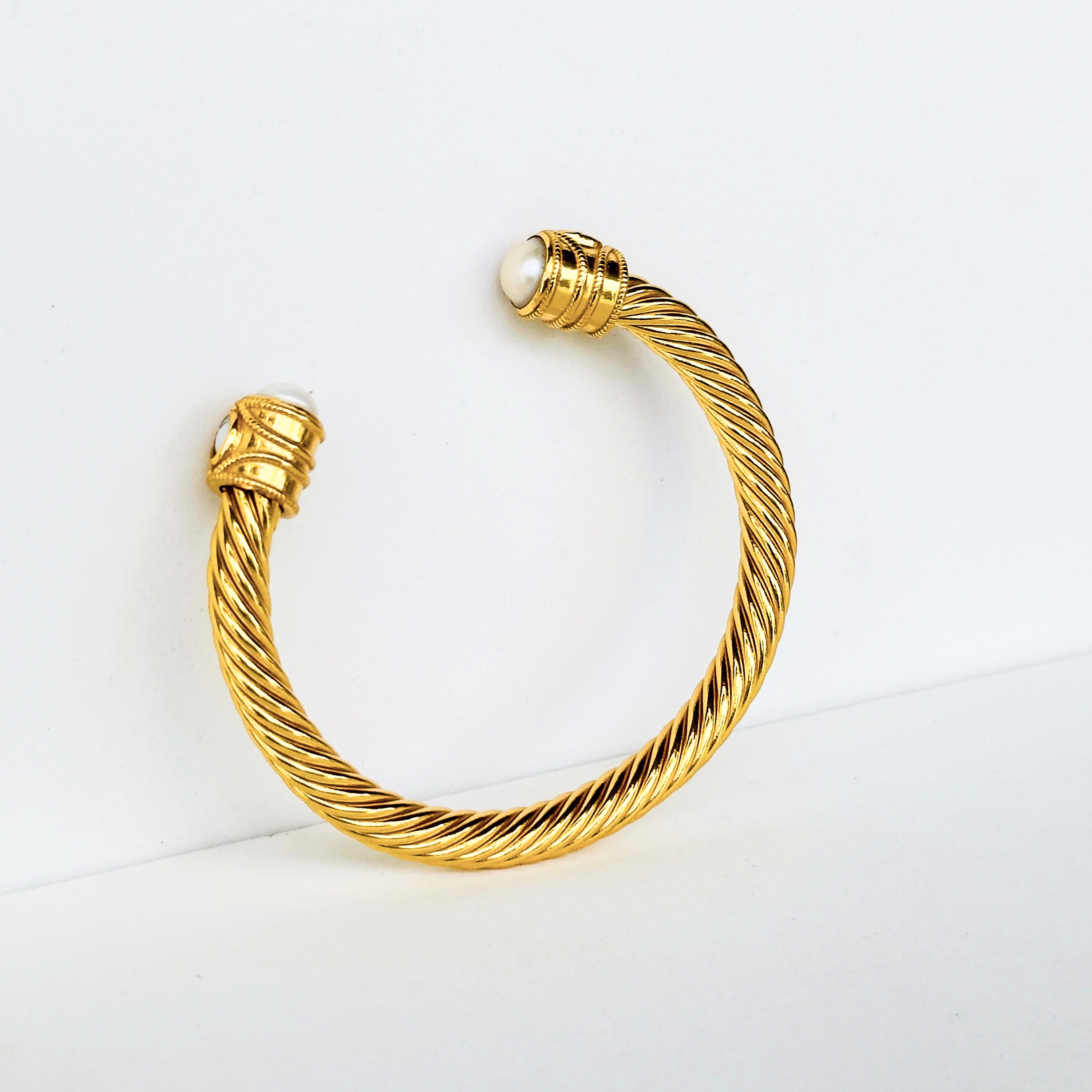 Cable cuff in Pearl in Pearl, gold plated, handcrafted gemstone bracelets Singapore