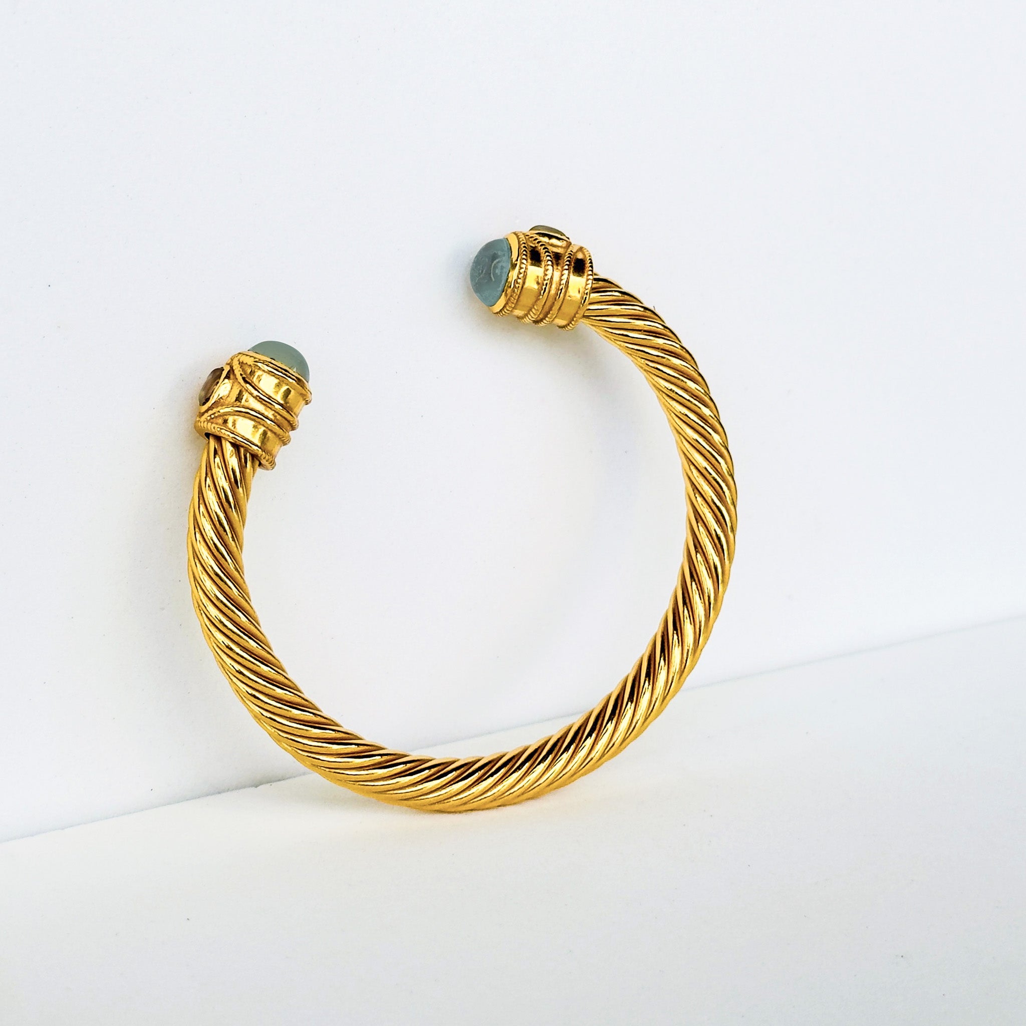 Cable Cuff in Aqua Chalcedony in Aqua Chalcedony, gold plated, handcrafted gemstone bracelets Singapore