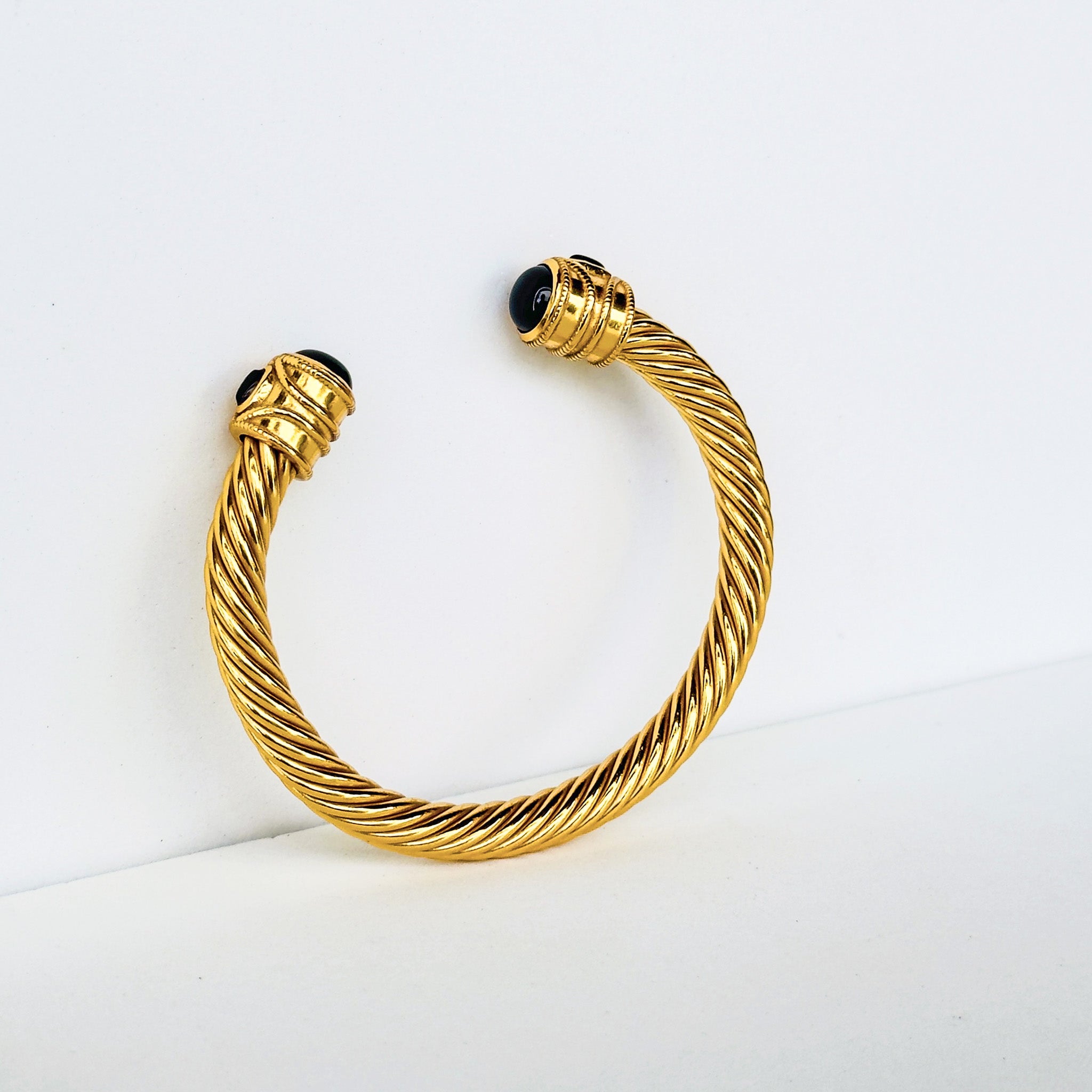 Cable Cuff in Black Onyx in Black Onyx, gold plated, handcrafted gemstone bracelets Singapore
