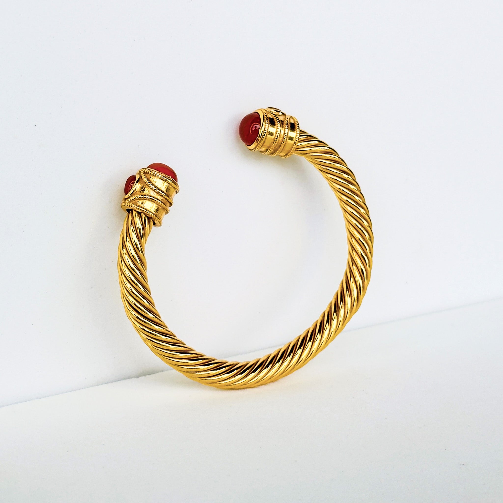 Cable cuff in Carnelian in Carnelian, gold plated, handcrafted gemstone bracelets Singapore