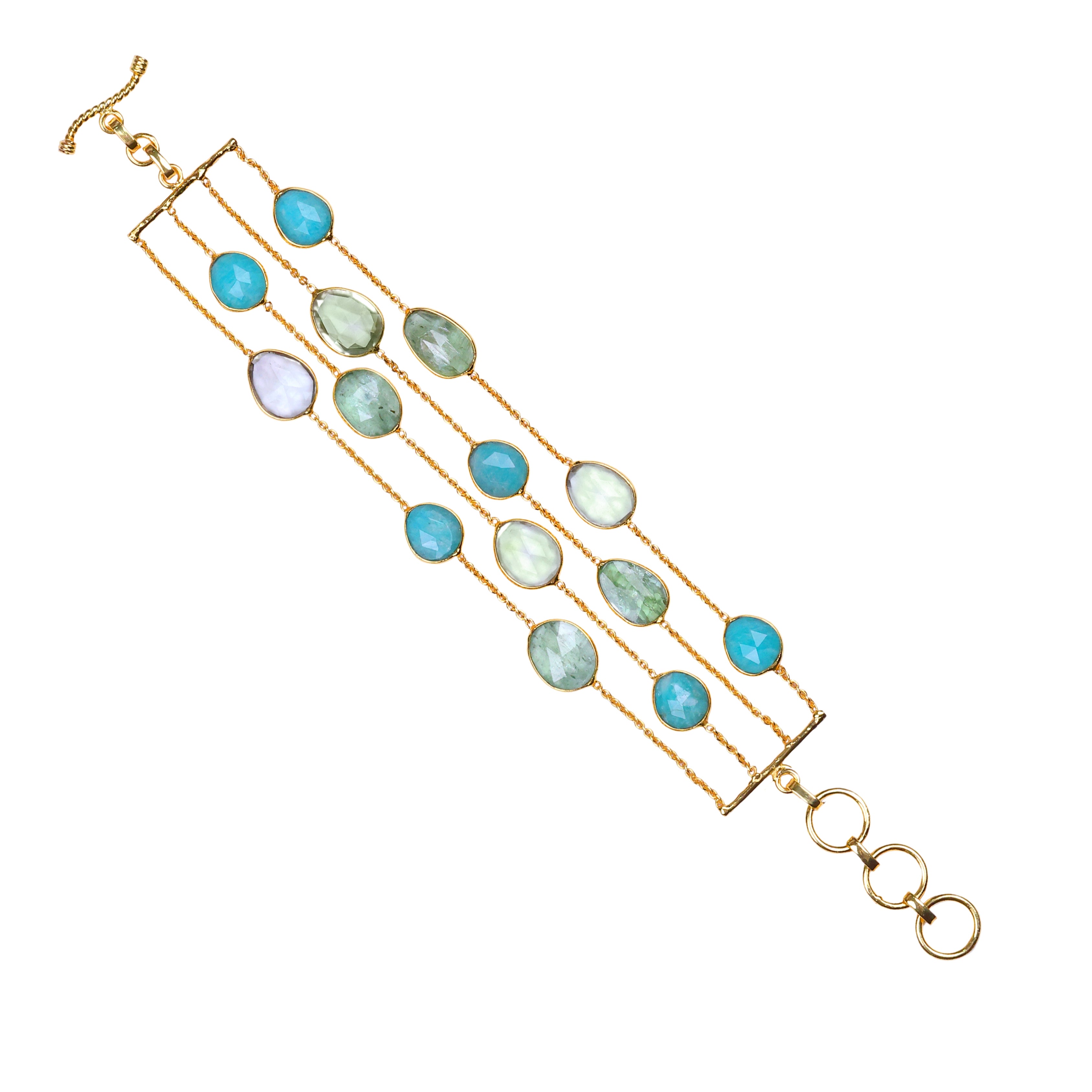 Gold multi-strand bracelet with light blue gemstone accents