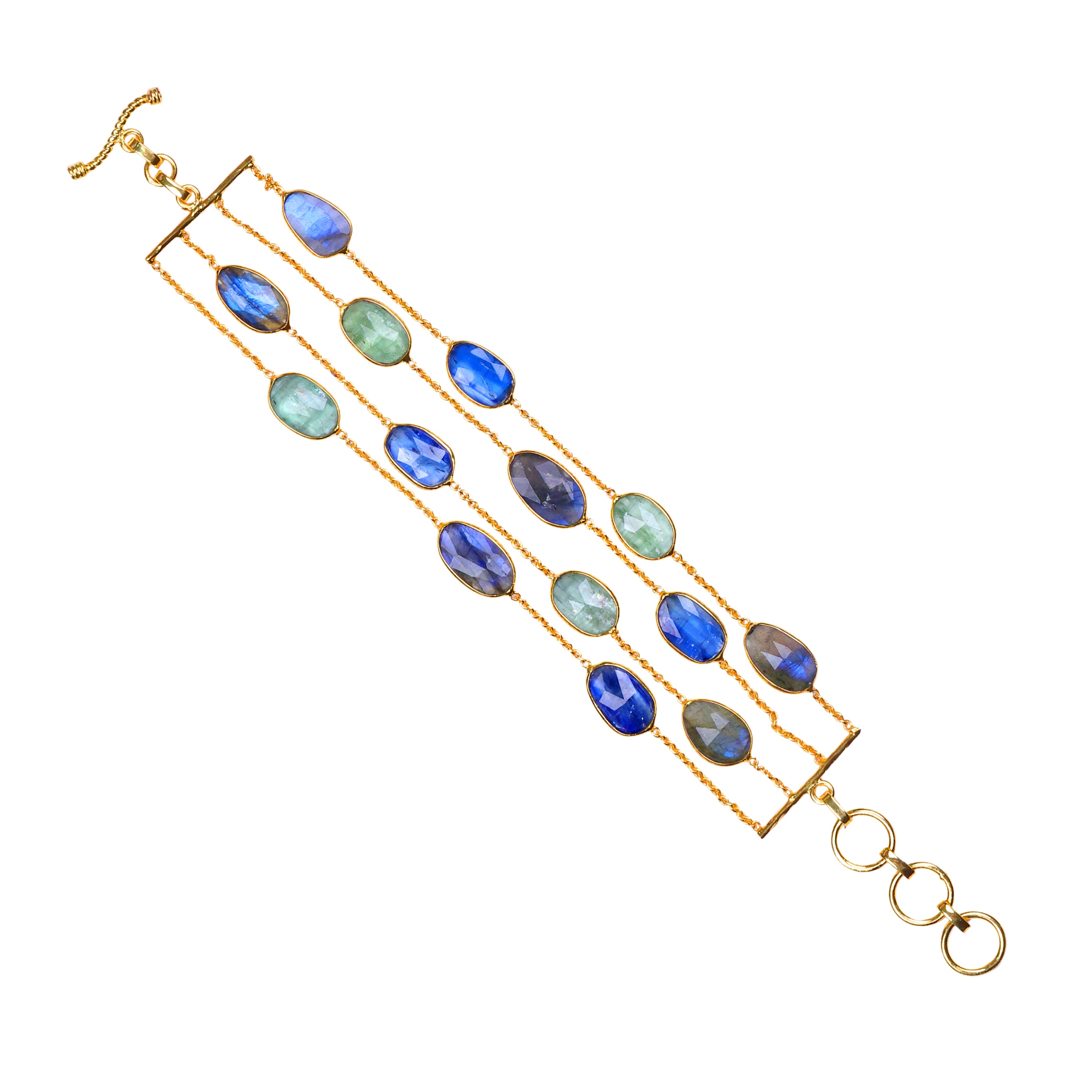 Multi-strand gold bracelet with blue and green gemstones