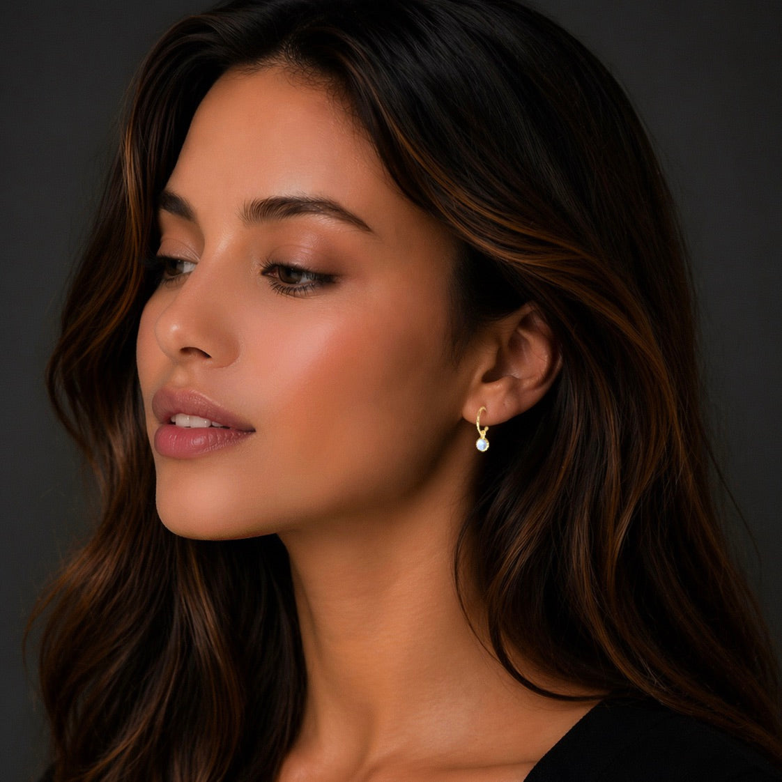 Huggie Hoops in Moonstone in Moonstone, gold plated, handcrafted gemstone earrings Singapore