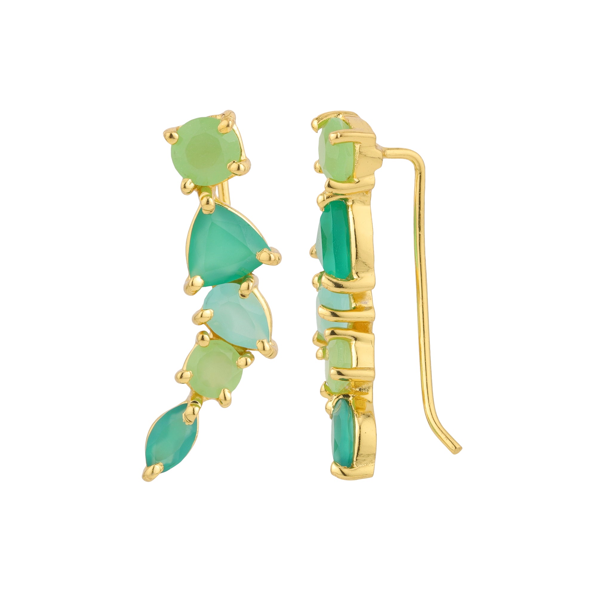 Gemstone Climber Earrings in Greens in Aqua Chalcedony, gold plated, handcrafted gemstone earrings Singapore