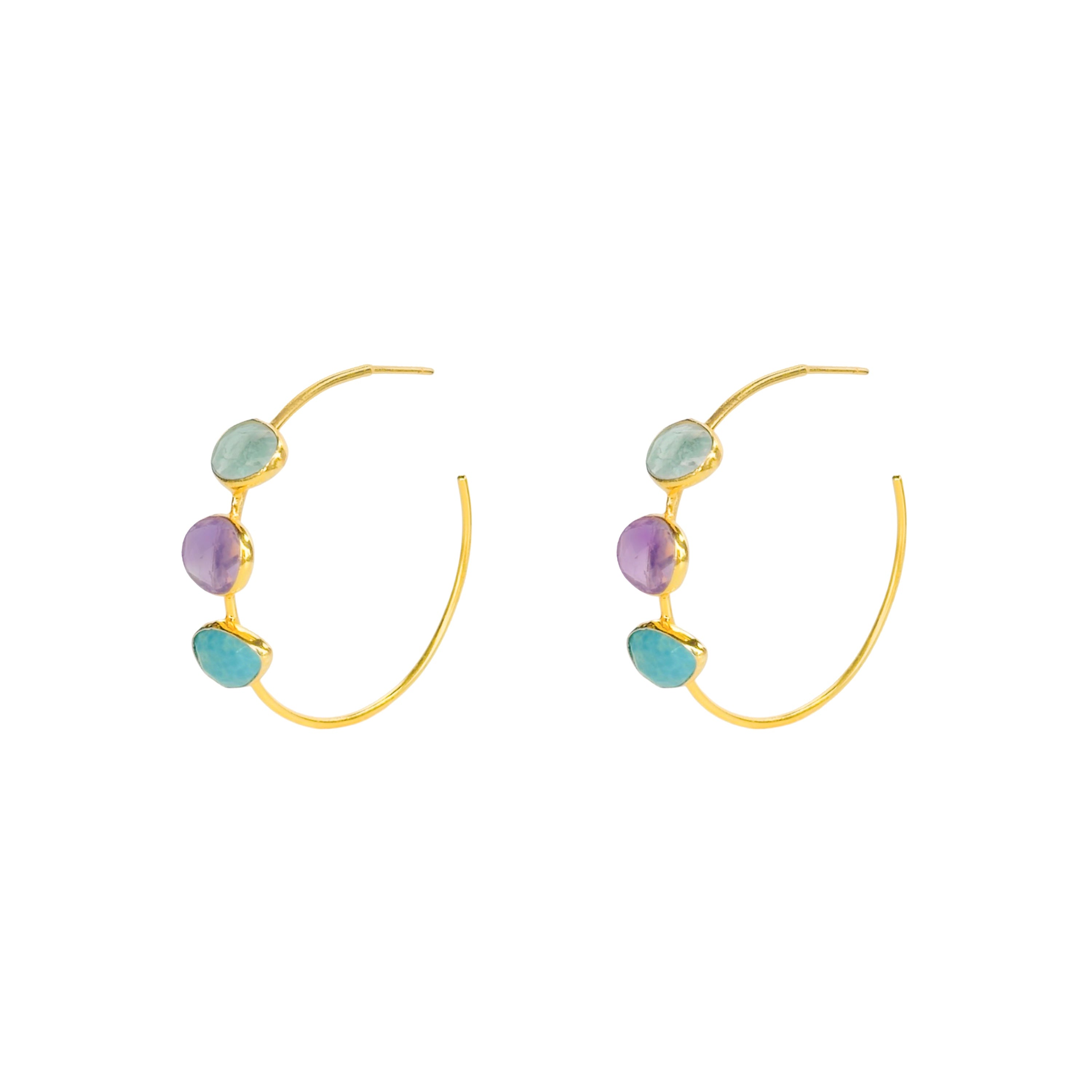 Gemstone Hoops in Aquamarine, Amethyst & Turquoise in Aquamarine, gold plated, handcrafted gemstone earrings Singapore