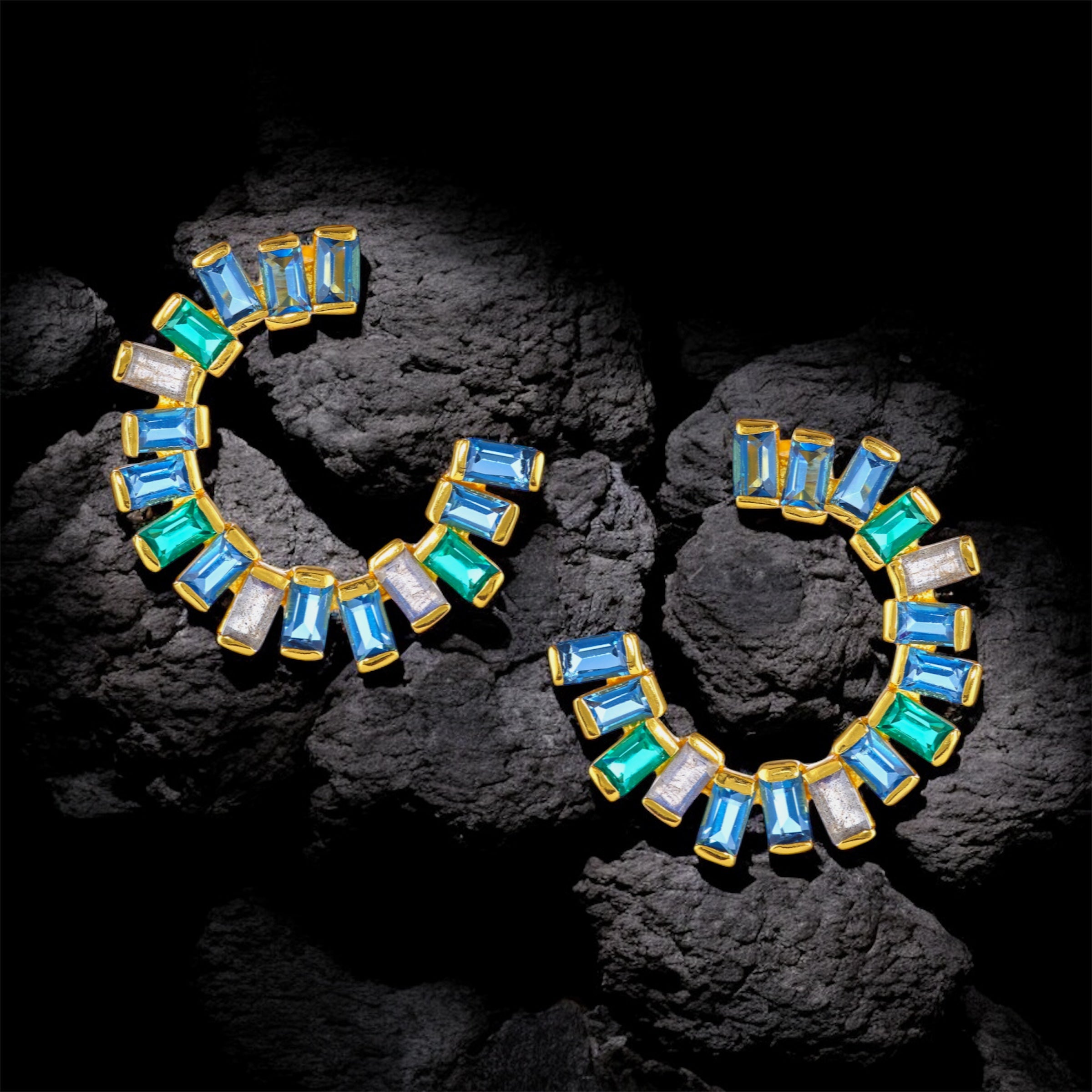 Open Gemstone Hoops in Iolite, Green Tourmaline & Labradorite in Iolite, gold plated, handcrafted gemstone earrings Singapore