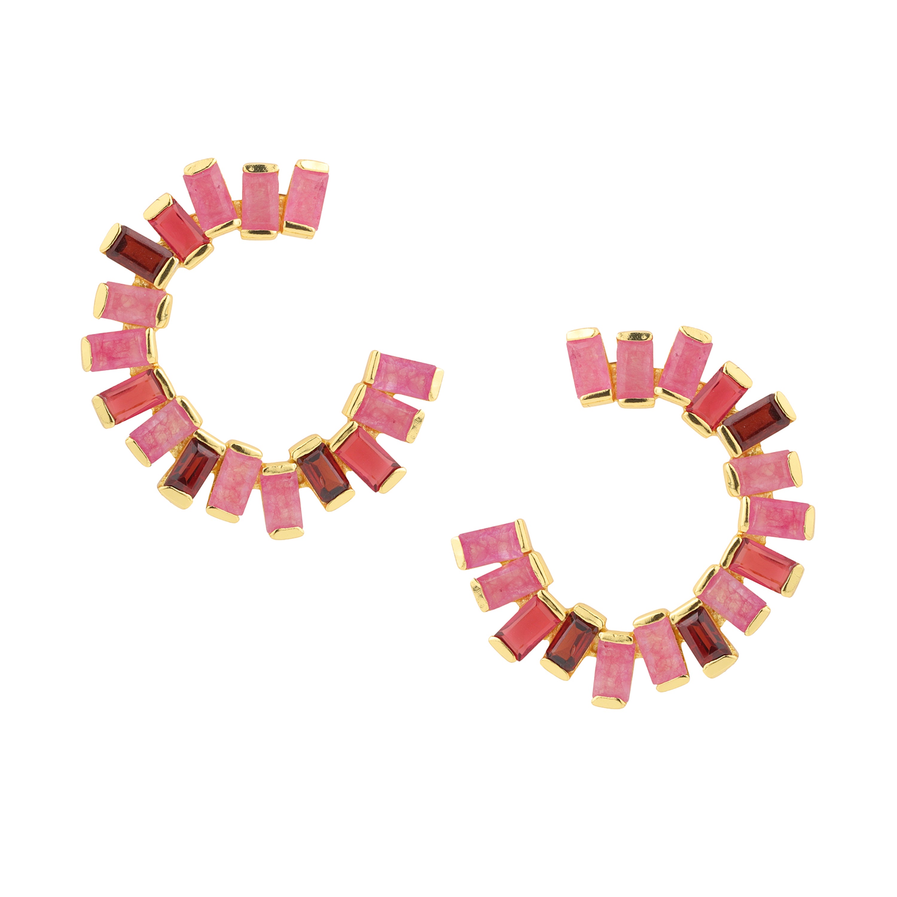 Open Gemstone Hoops in Pink Jade, Red Quartz & Garnet in Jade, gold plated, handcrafted gemstone earrings Singapore