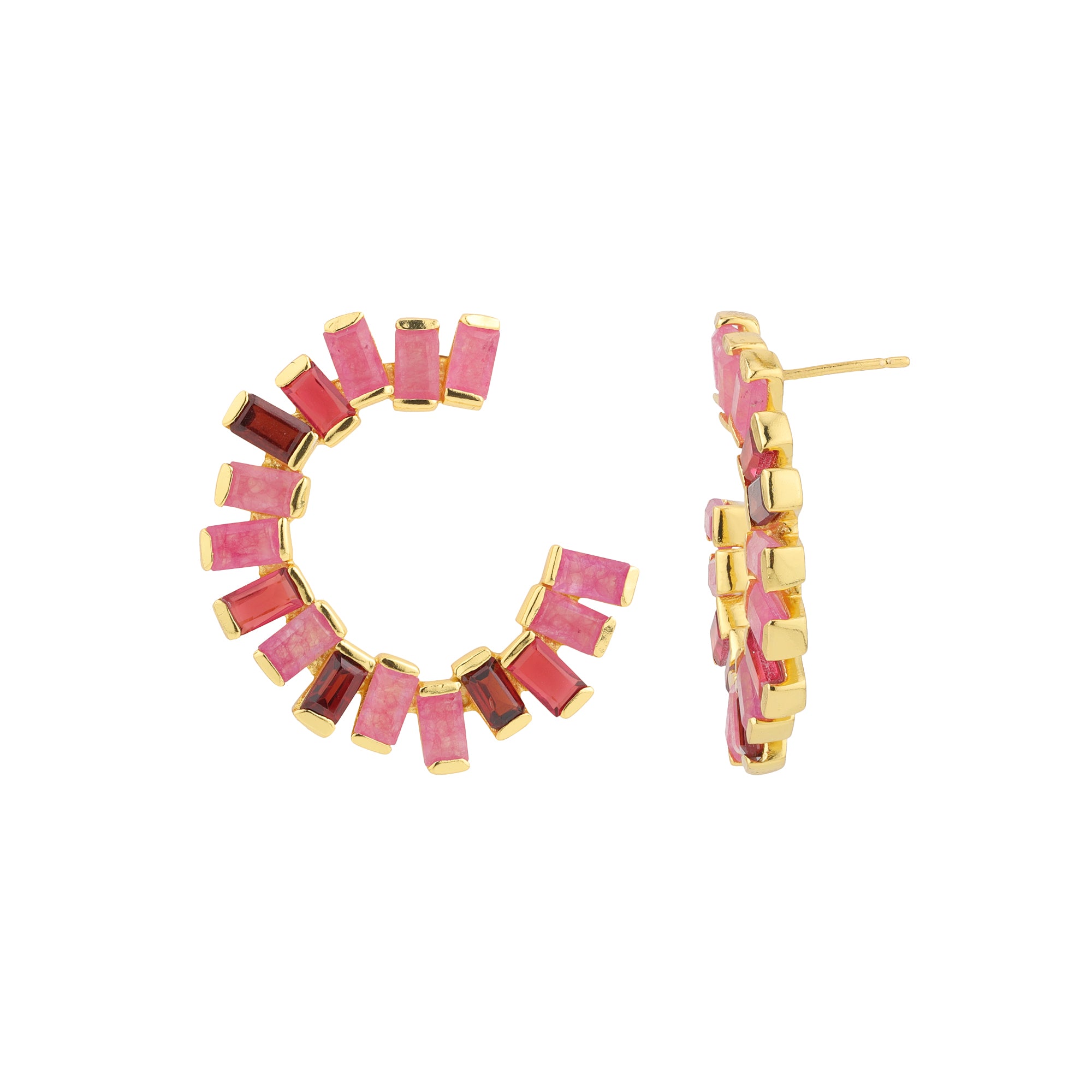 Open Gemstone Hoops in Pink Jade, Red Quartz & Garnet in Jade, gold plated, handcrafted gemstone earrings Singapore