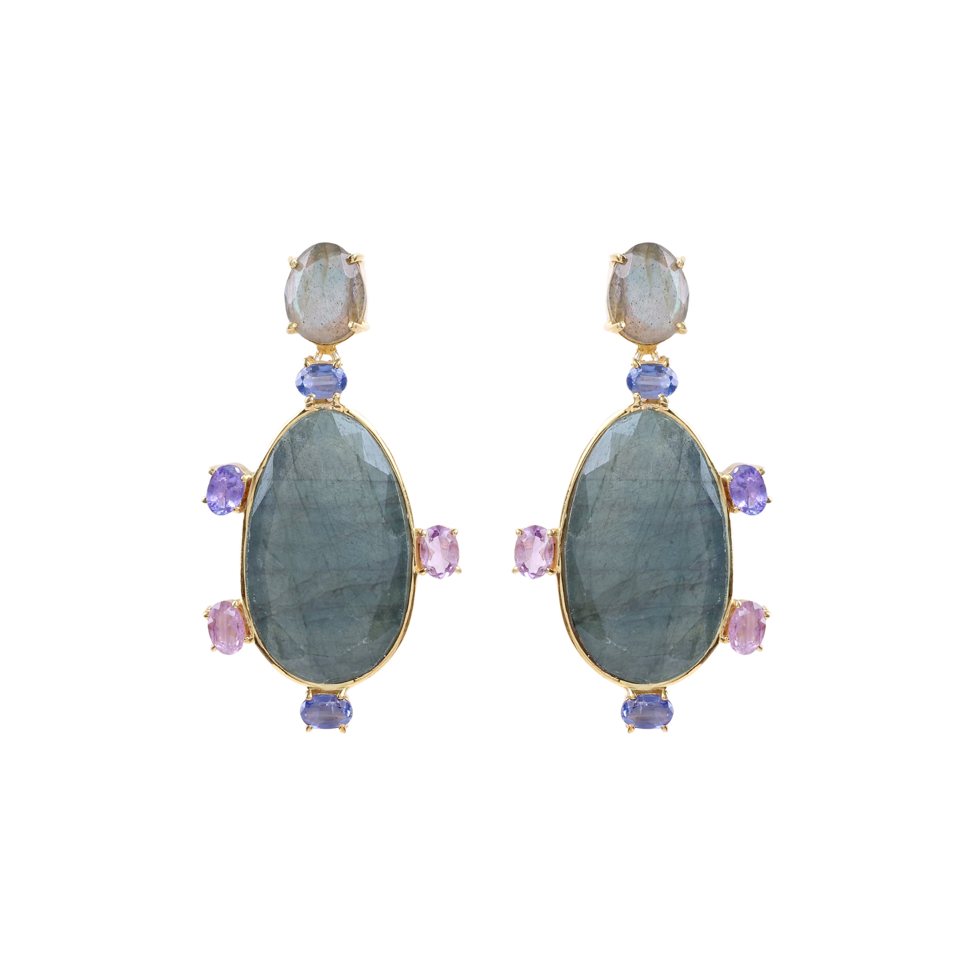 Labradorite, Multi Sapphire & Kyanite in Labradorite, gold plated, handcrafted gemstone earrings Singapore