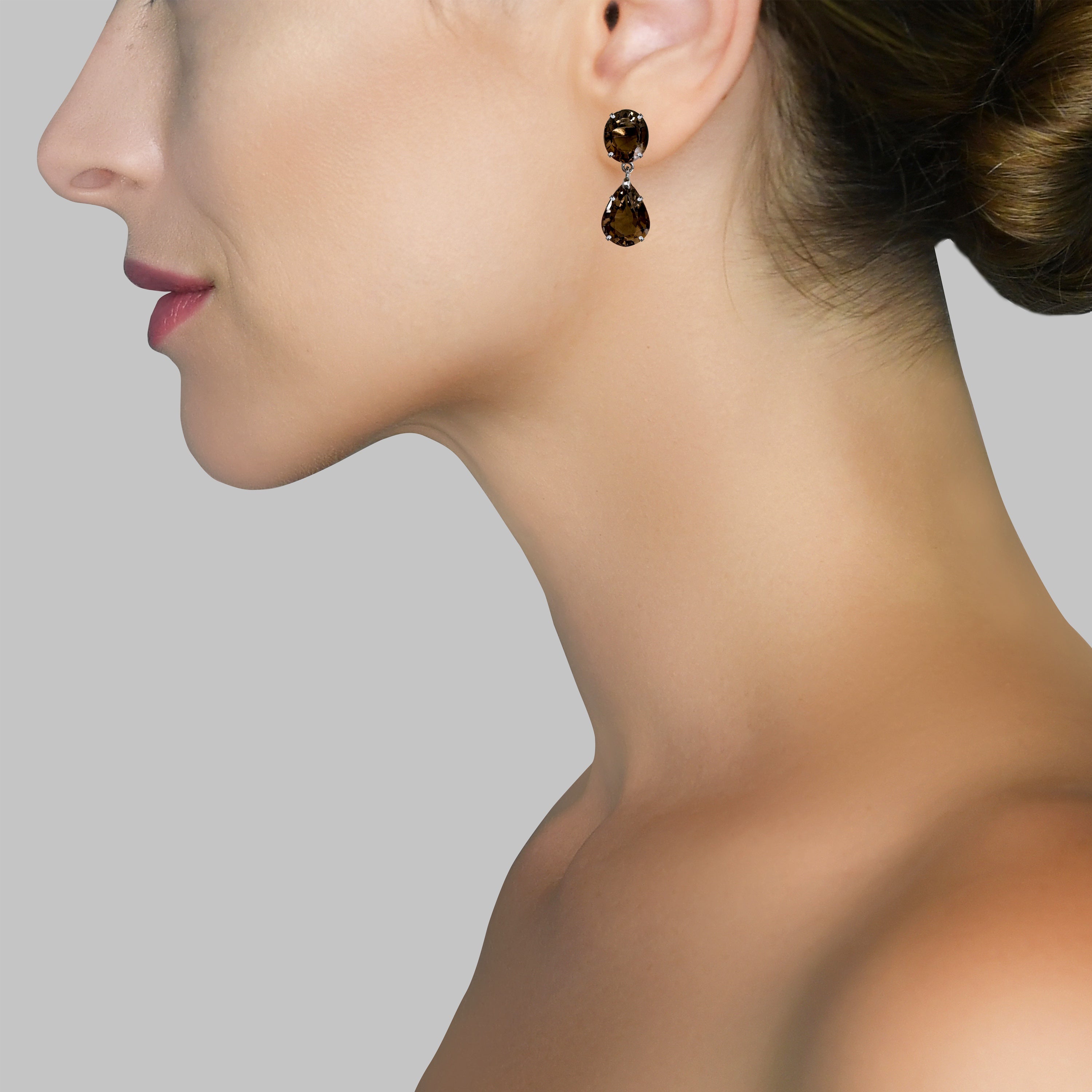 Smoky Quartz Duo in Smoky Quartz, gold plated, handcrafted gemstone earrings Singapore