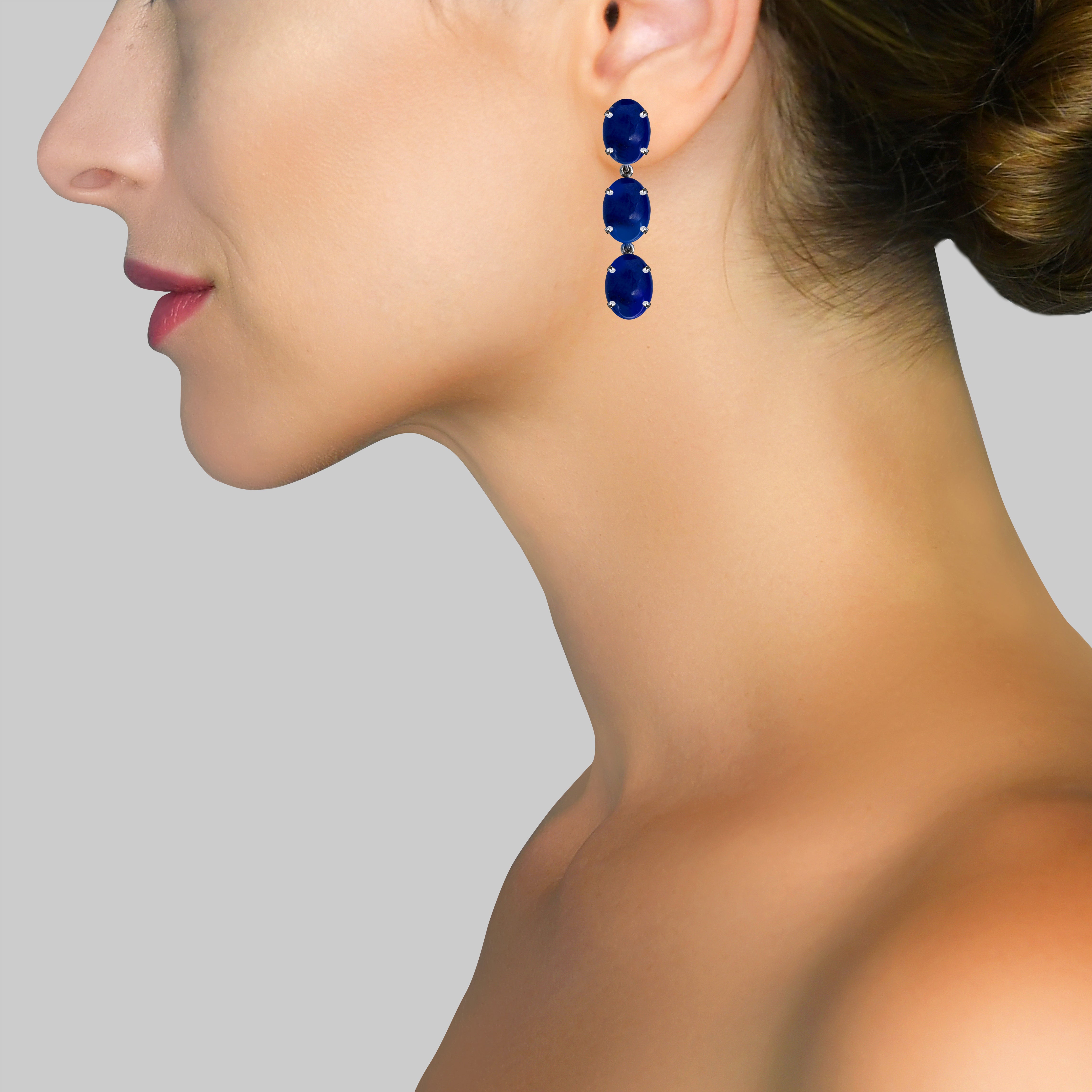 Lapis Lazuli Trio Earrings in Lapis Lazuli, gold plated, handcrafted gemstone earrings Singapore