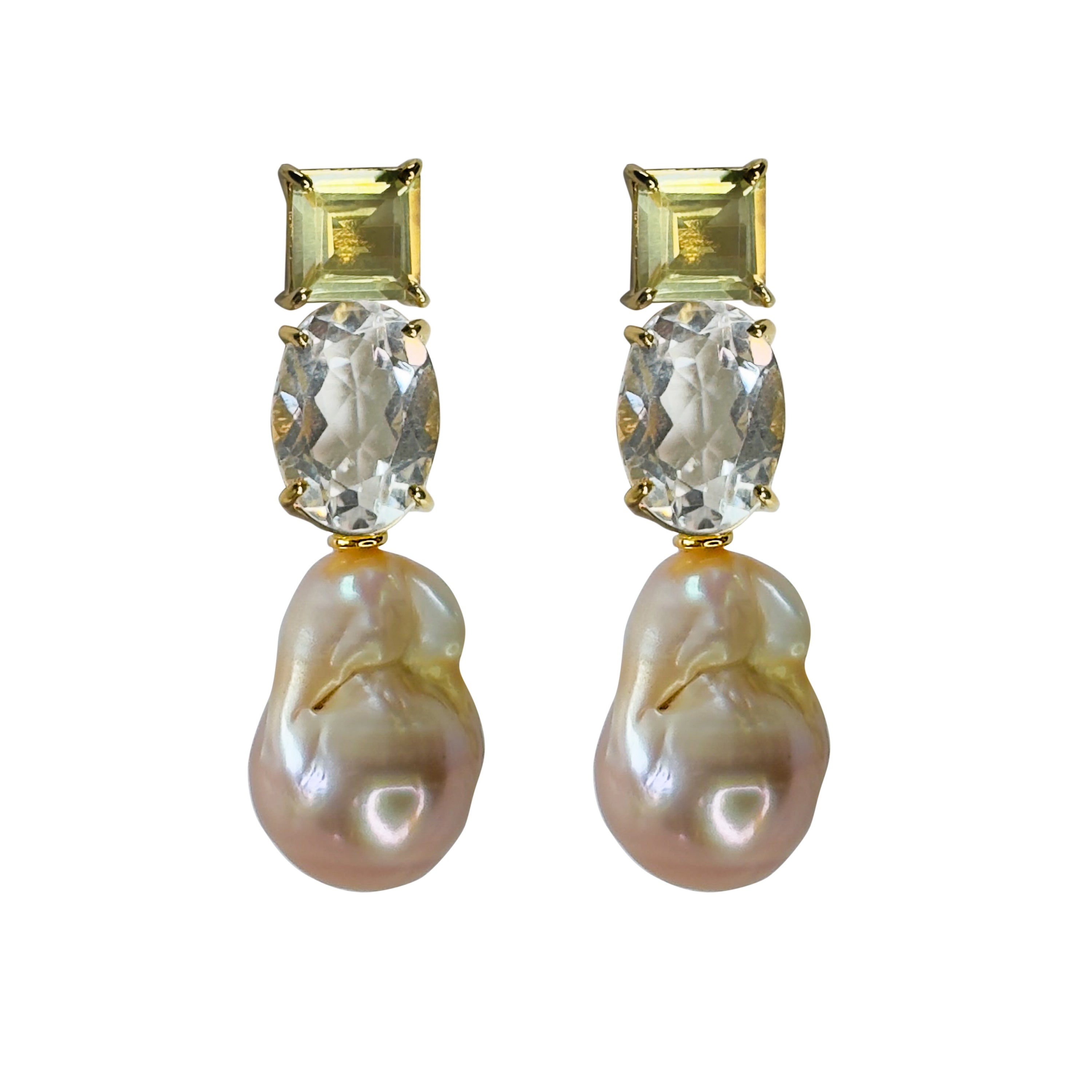 Pair of Lemon Quartz, Clear Crystal Quartz and Baroque pearl earrings with gemstones and pearls on a white background