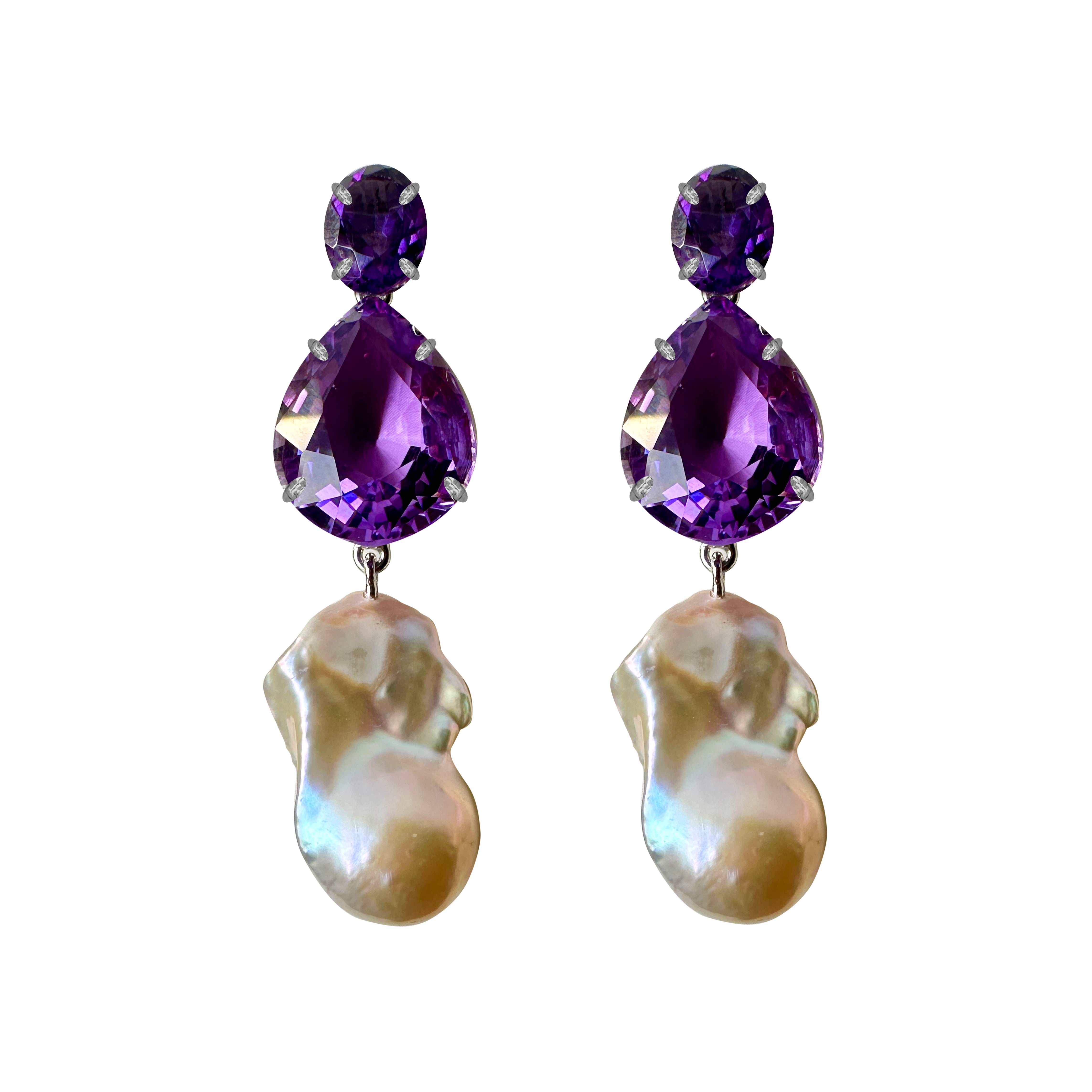 Amethyst & Baroque Pearl Trio in Amethyst, gold plated, handcrafted gemstone earrings Singapore