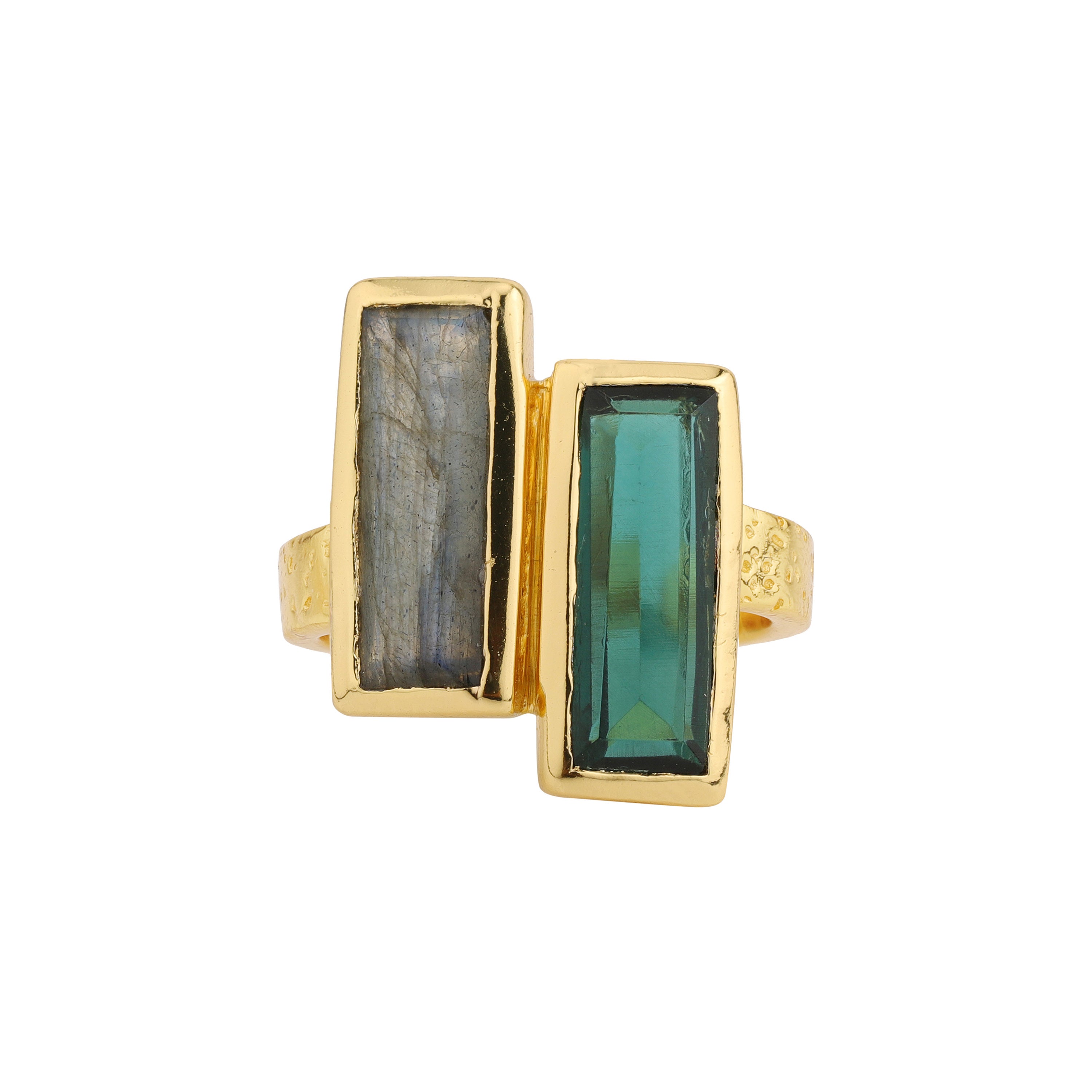 Double Bar in Green Quartz and Labradorite in Dyed Quartz, gold plated, handcrafted gemstone rings Singapore