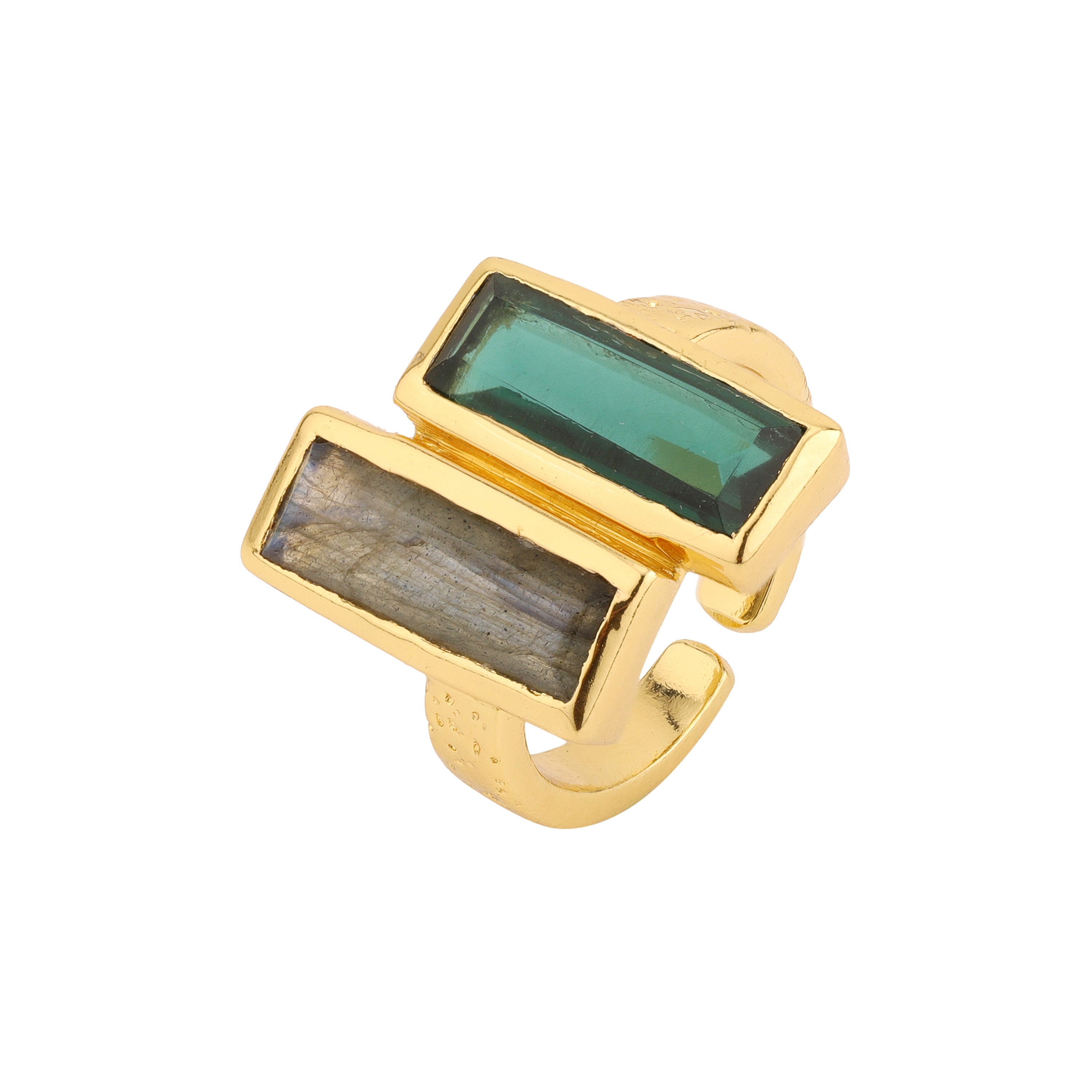 Double Bar in Green Quartz and Labradorite in Dyed Quartz, gold plated, handcrafted gemstone rings Singapore