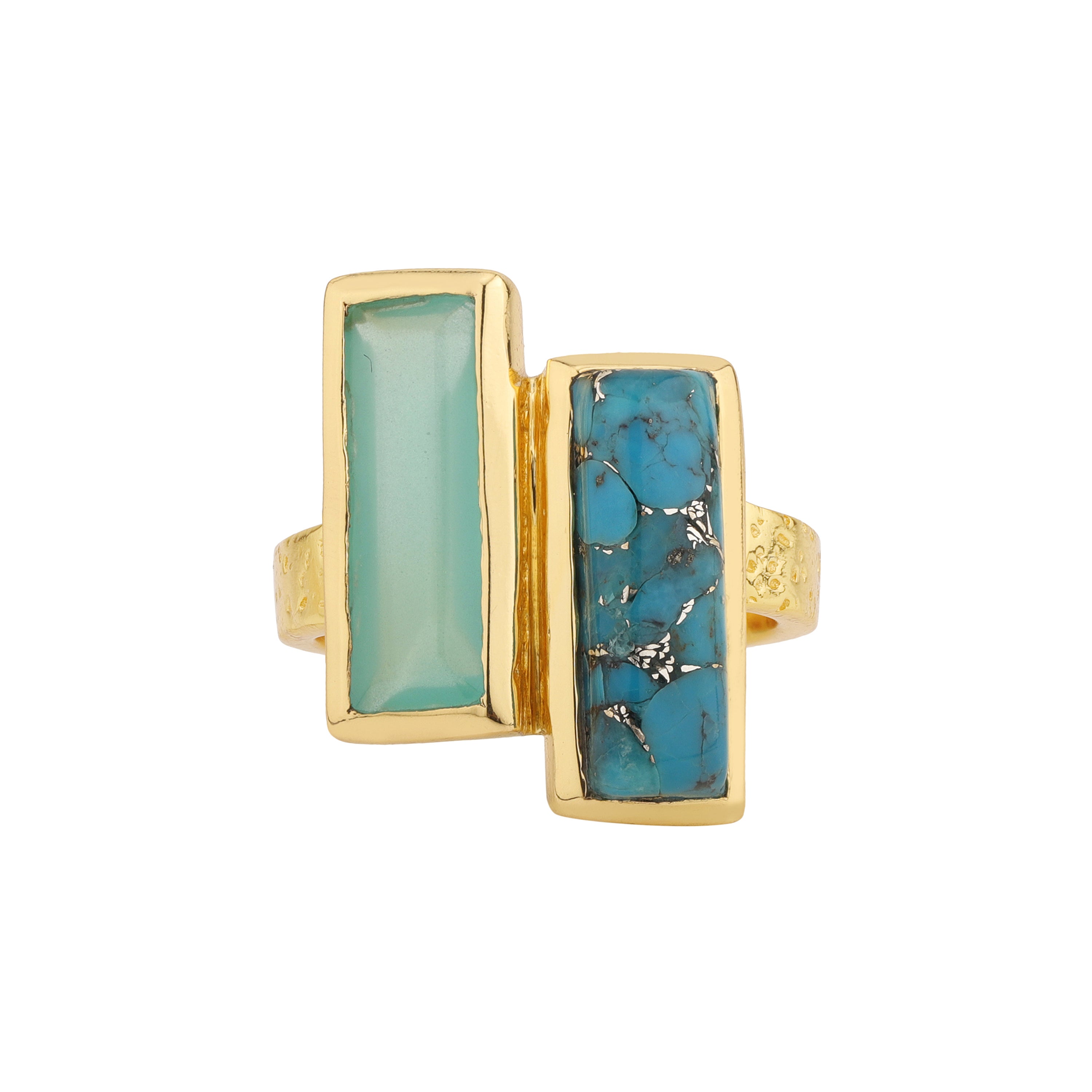 Double Bar in Turquoise and Chalcedony in Aqua Chalcedony, gold plated, handcrafted gemstone rings Singapore