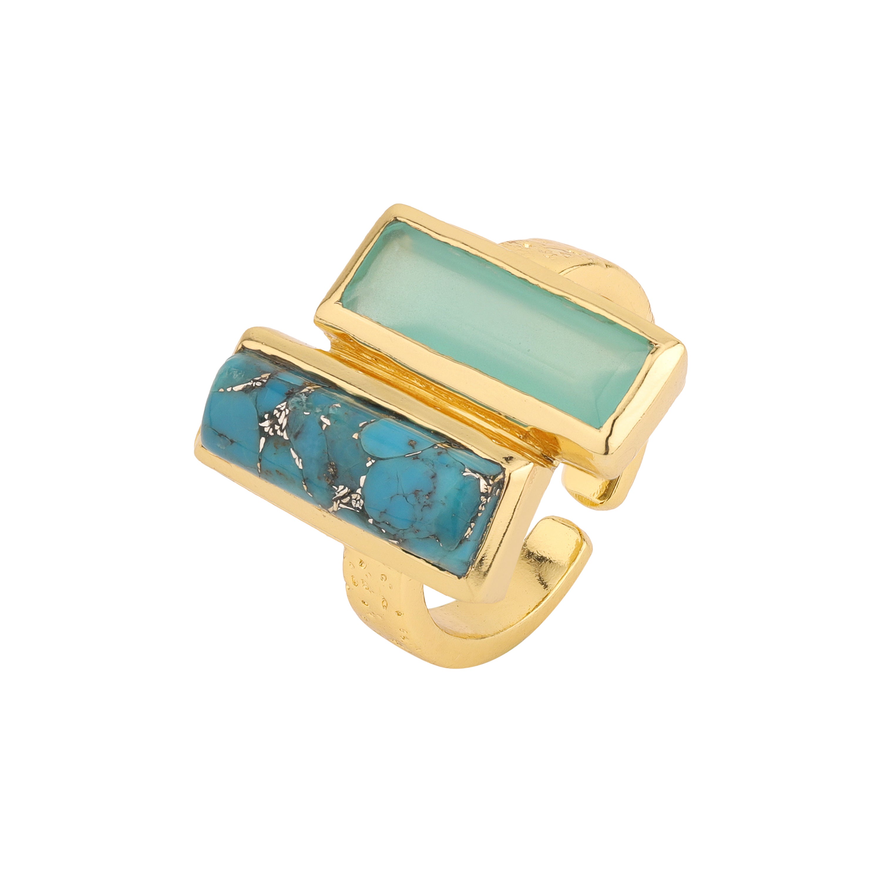 Double Bar in Turquoise and Chalcedony in Aqua Chalcedony, gold plated, handcrafted gemstone rings Singapore
