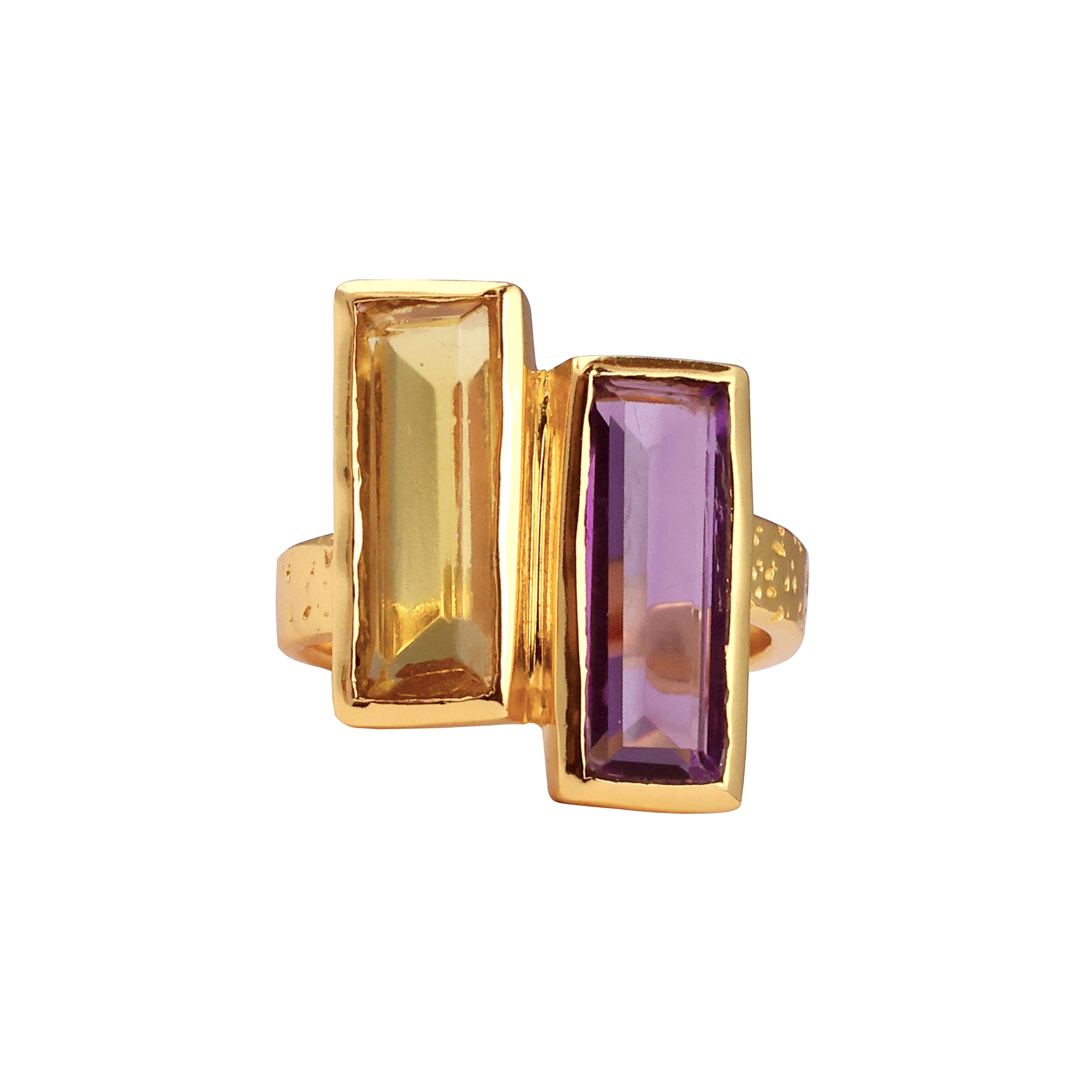 Double Bar in Amethyst and Citrine in Amethyst, gold plated, handcrafted gemstone rings Singapore