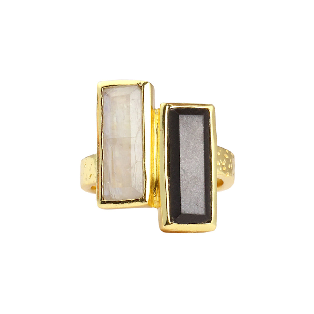 Double Bar in Black Onyx and Moonstone in Black Onyx, gold plated, handcrafted gemstone rings Singapore