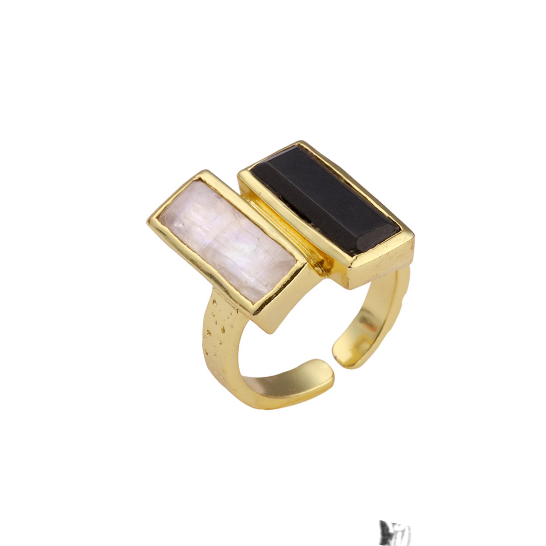 Double Bar in Black Onyx and Moonstone in Black Onyx, gold plated, handcrafted gemstone rings Singapore