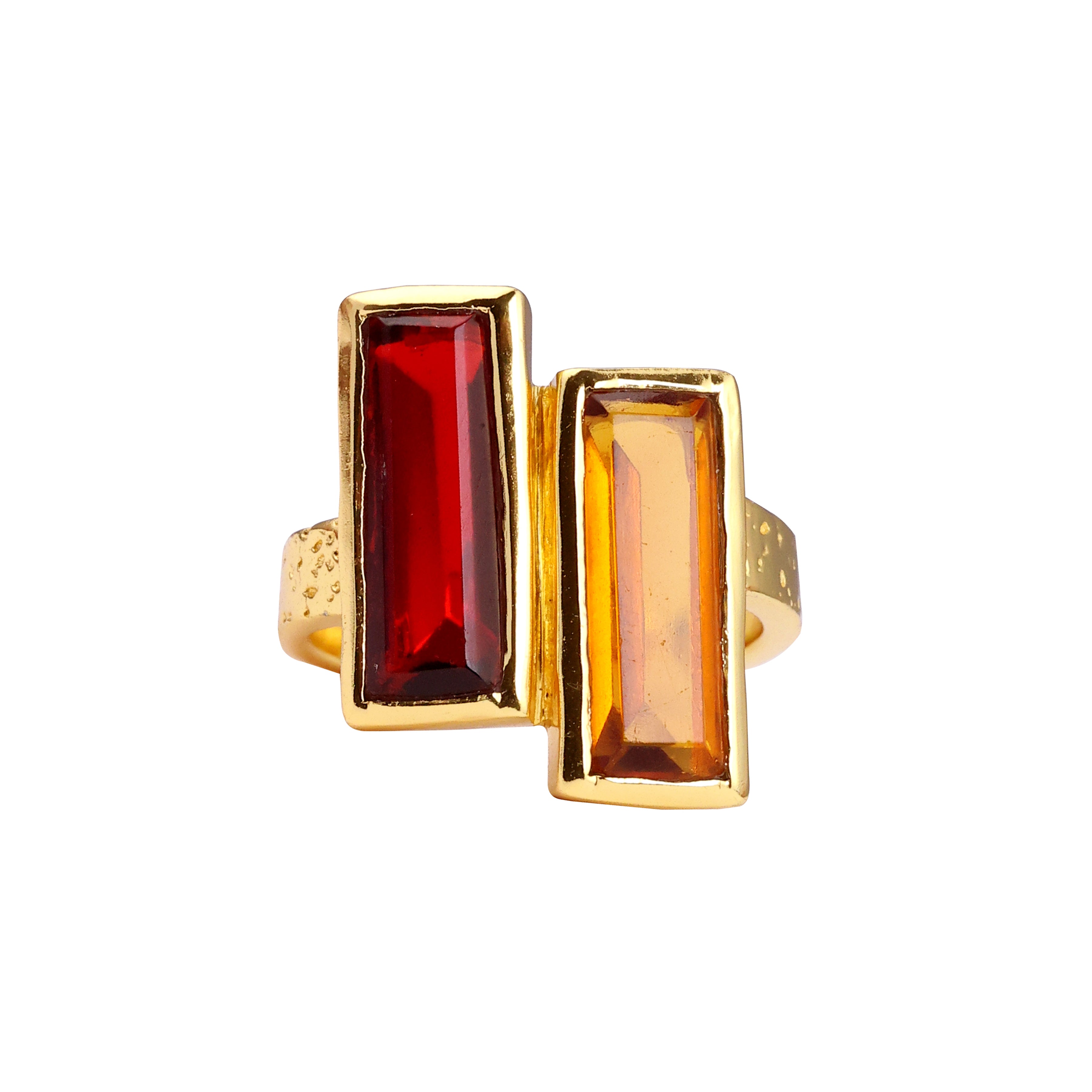 Double Bar in Garnet and Beer Quartz in Beer Quartz, gold plated, handcrafted gemstone rings Singapore