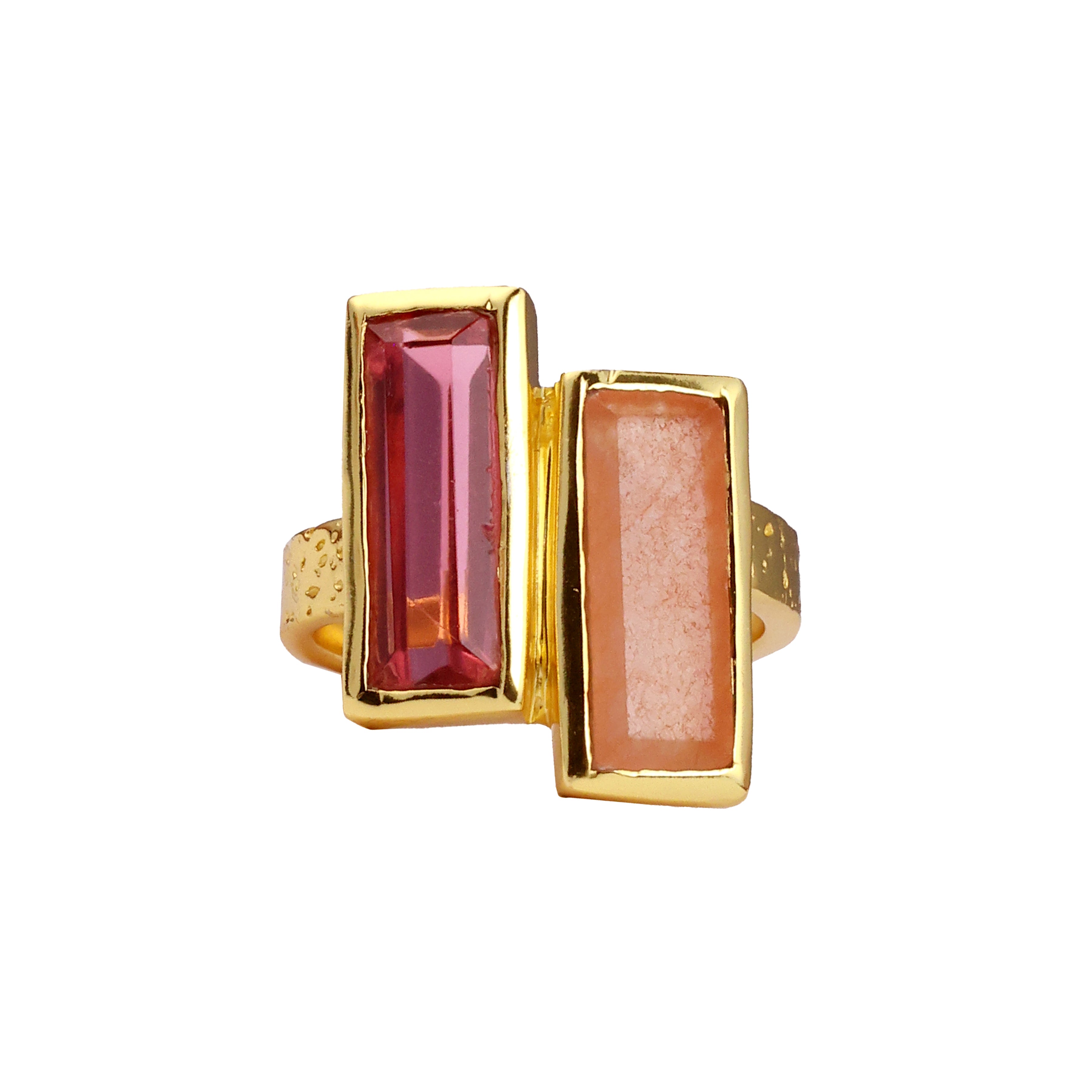 Double Bar in Pink and Orange Quartz in Dyed Quartz, gold plated, handcrafted gemstone rings Singapore