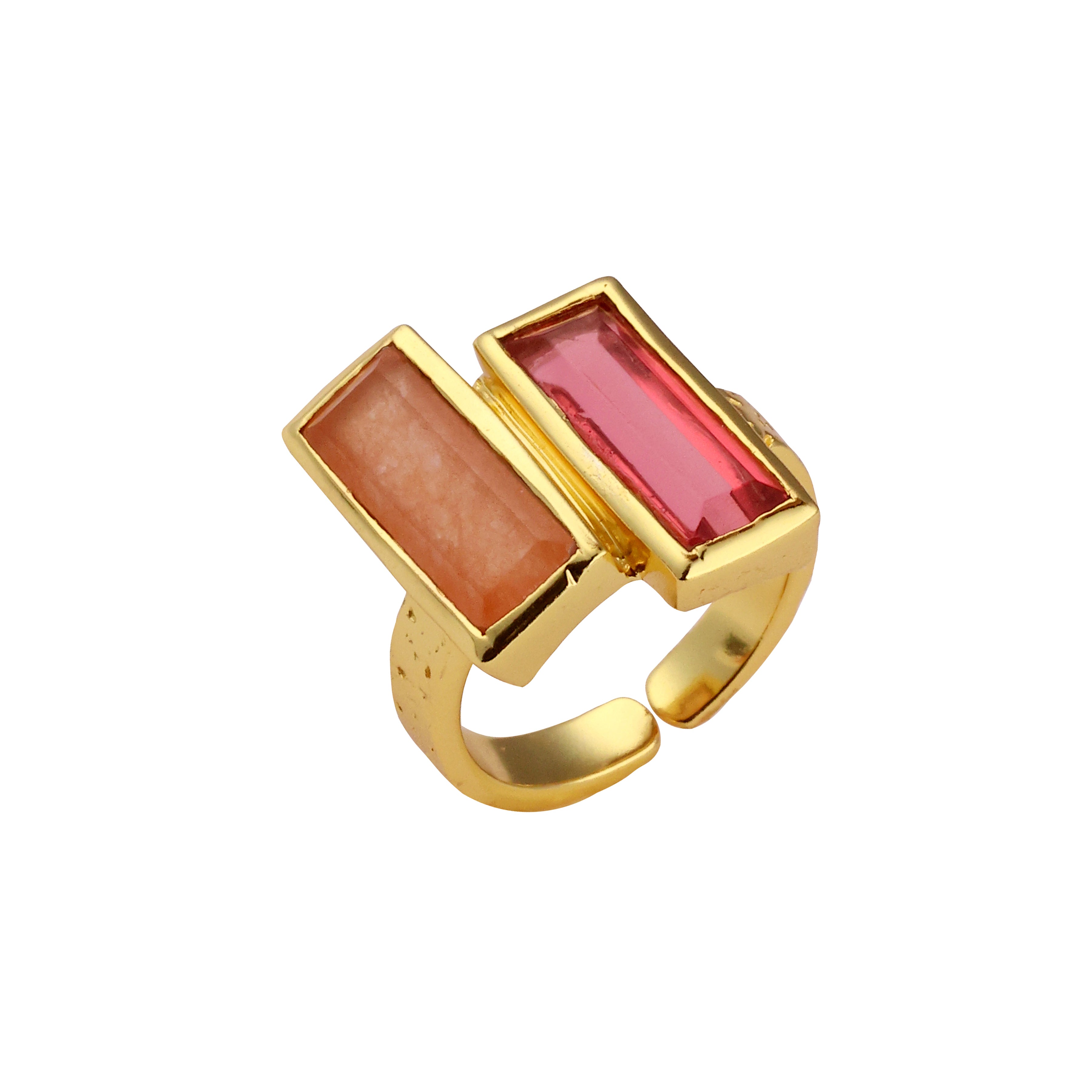 Double Bar in Pink and Orange Quartz in Dyed Quartz, gold plated, handcrafted gemstone rings Singapore