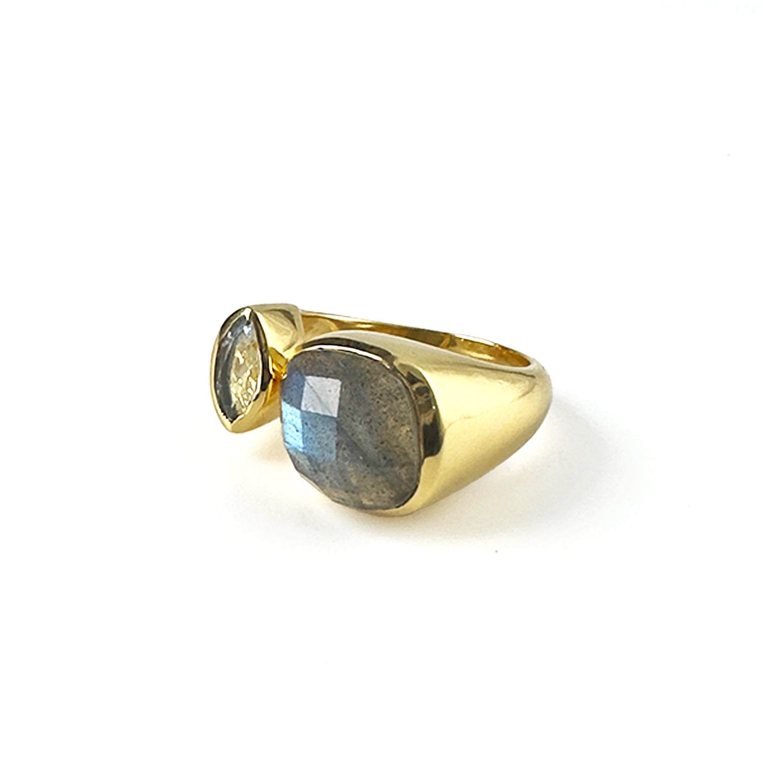 Toi Et Moi Ring in Labradorite & Blue Topaz in Blue Topaz, gold plated, handcrafted gemstone rings Singapore