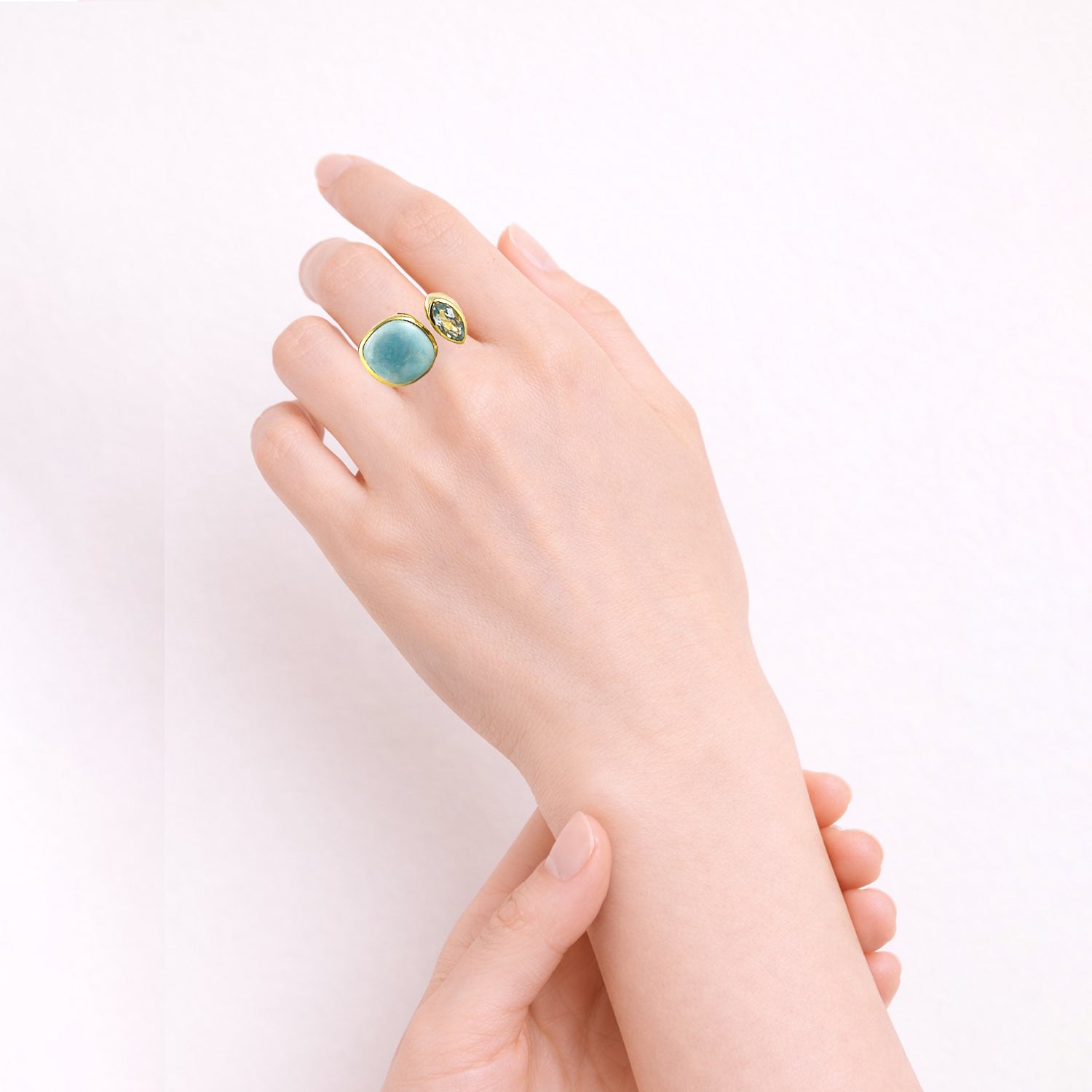 Toi Et Moi Ring in Larimar & Blue Topaz in Blue Topaz, gold plated, handcrafted gemstone rings Singapore