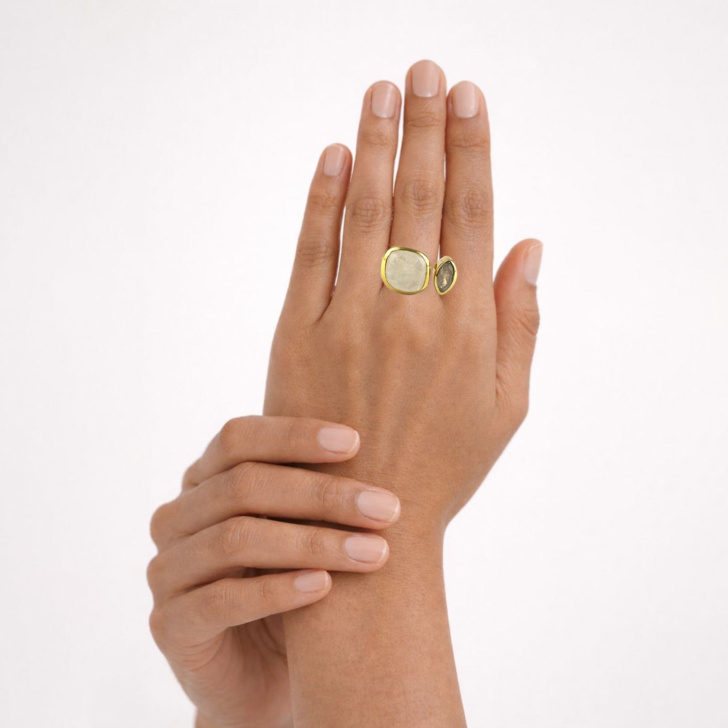 Toi Et Moi Ring in Moonstone Faceted & Cabochon in Moonstone, gold plated, handcrafted gemstone rings Singapore