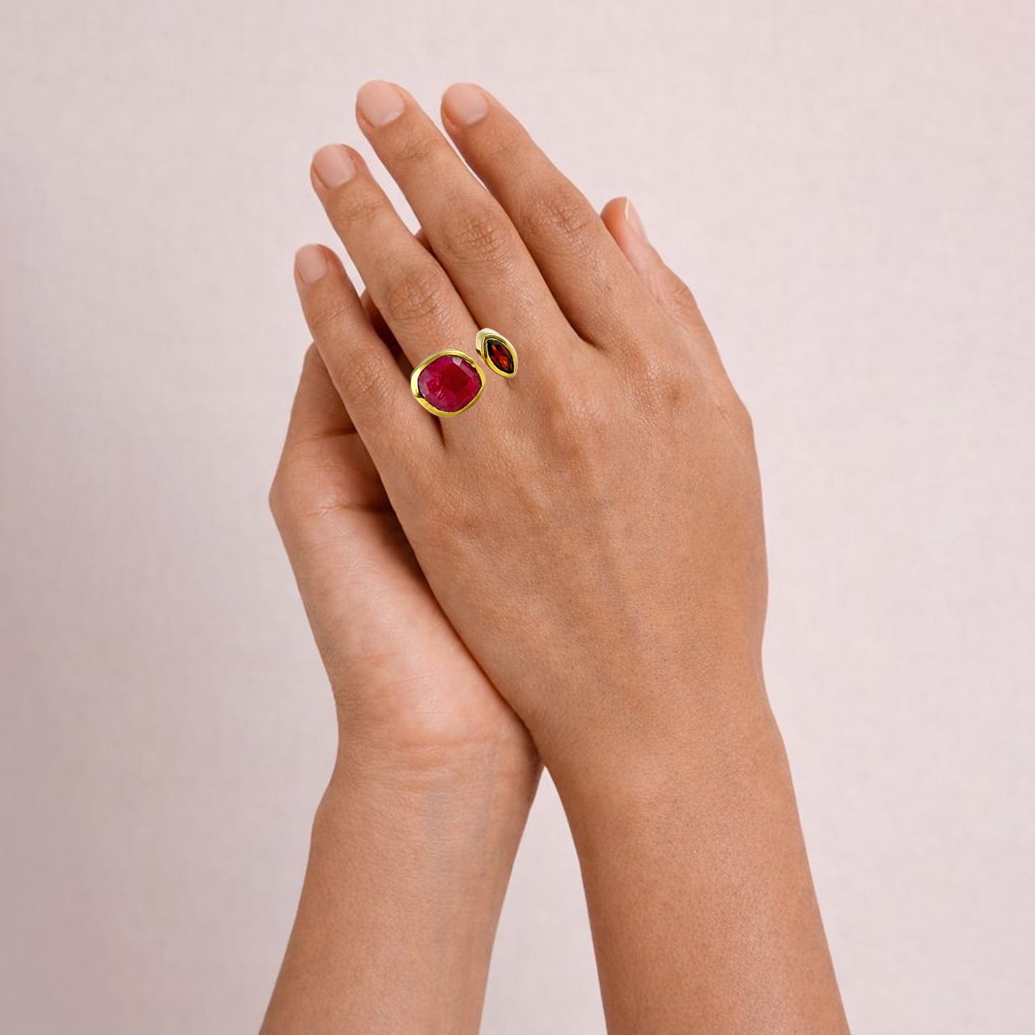 Toi Et Moi Ring in Ruby & Garnet in Garnet, gold plated, handcrafted gemstone rings Singapore