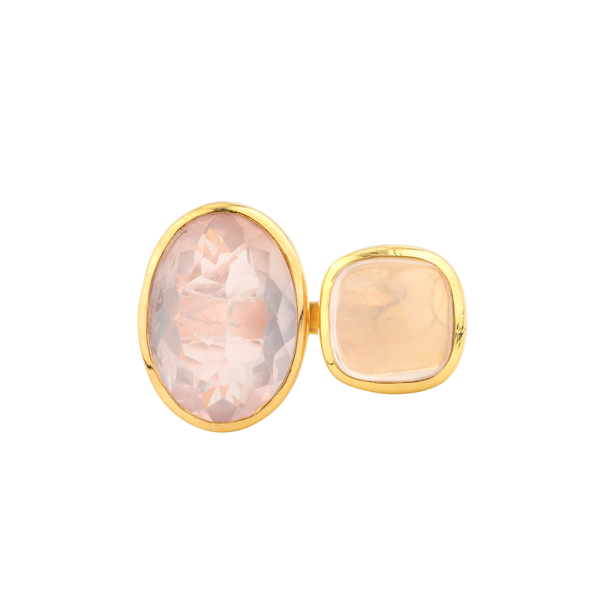 Double Rose Quartz Cabochon and Faceted Ring in Rose Quartz, gold plated, handcrafted gemstone rings Singapore