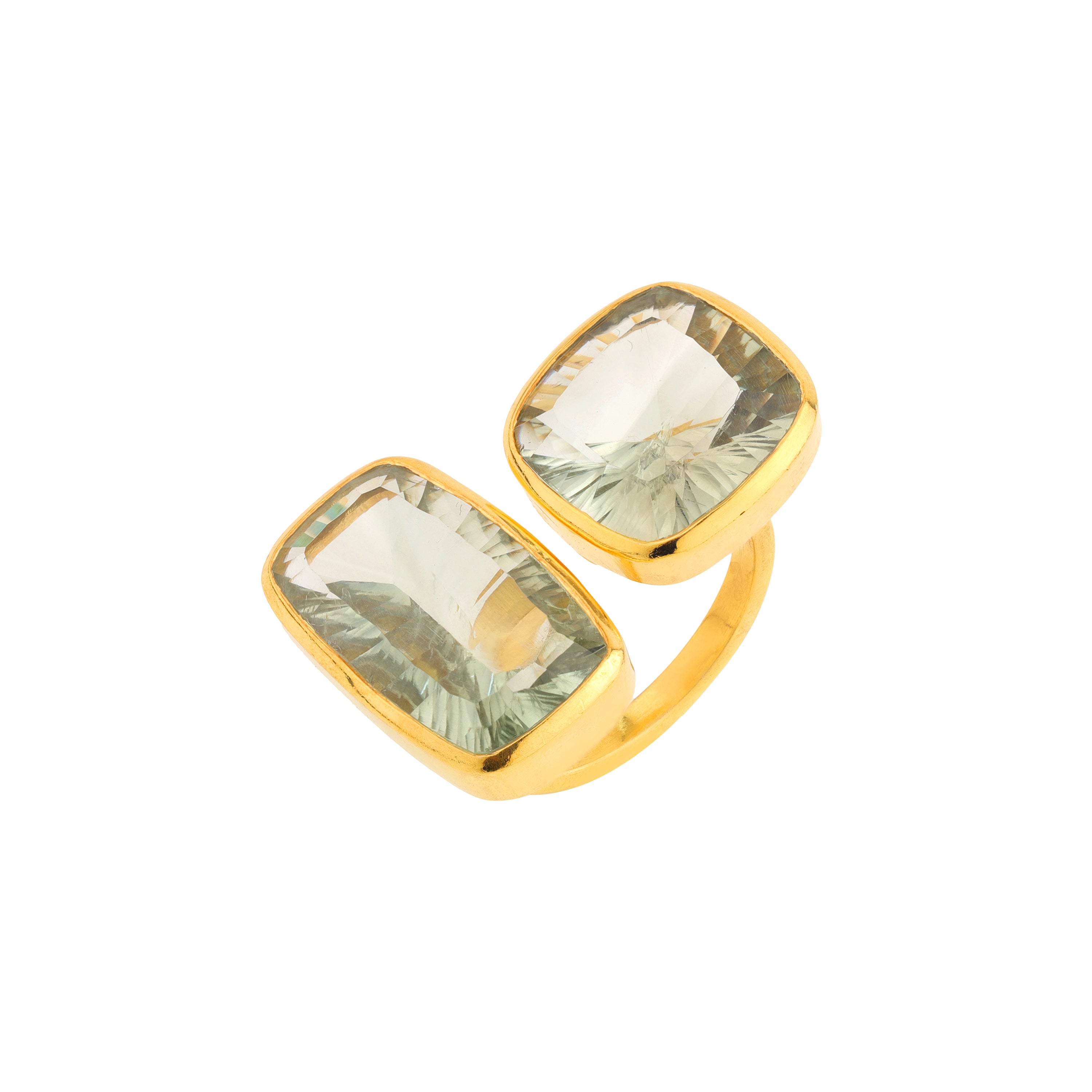 Double Prasiolite Faceted Ring in Prasiolite, gold plated, handcrafted gemstone rings Singapore