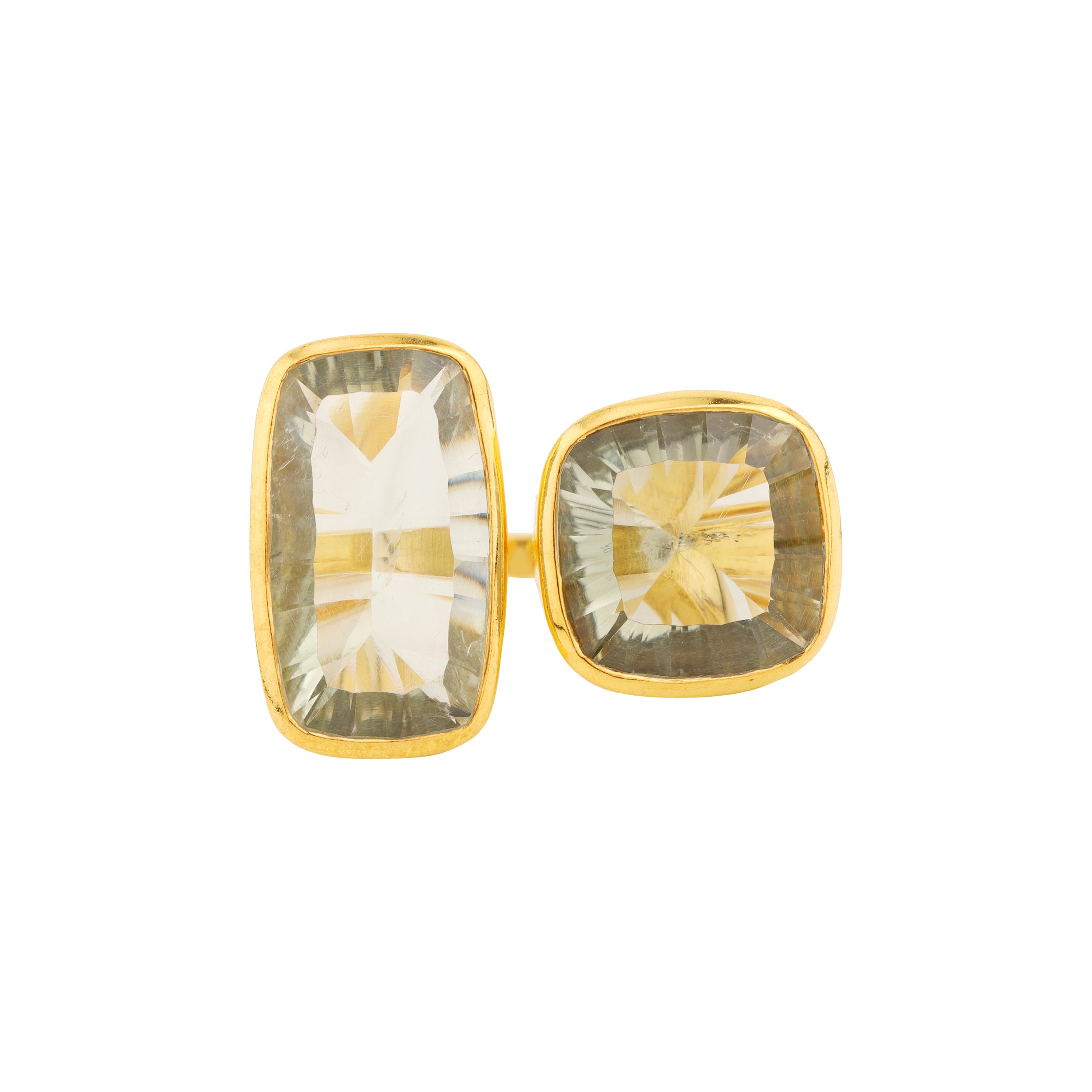 Double Prasiolite Faceted Ring in Prasiolite, gold plated, handcrafted gemstone rings Singapore