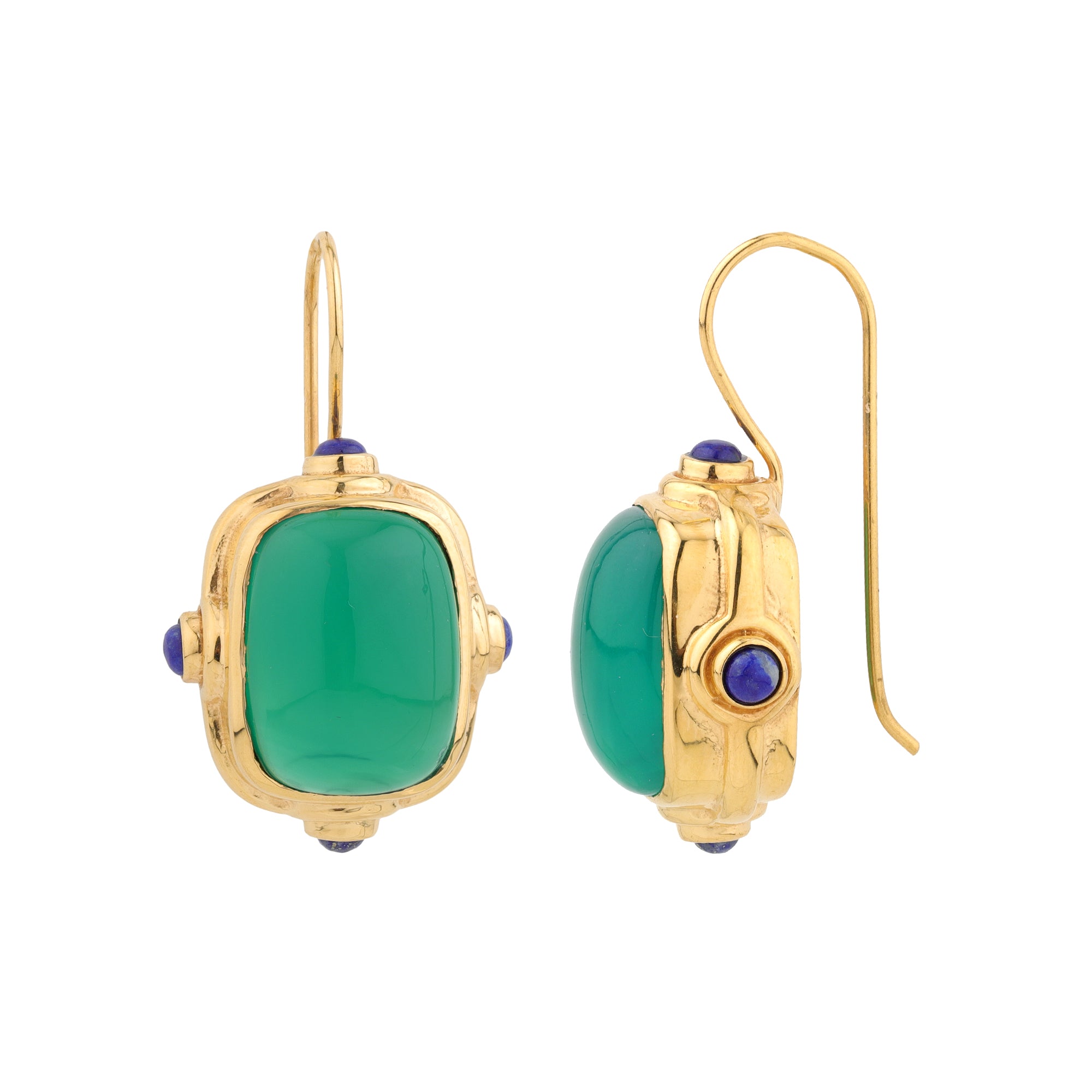 Green gemstone gold drop earrings product close-up on white background
