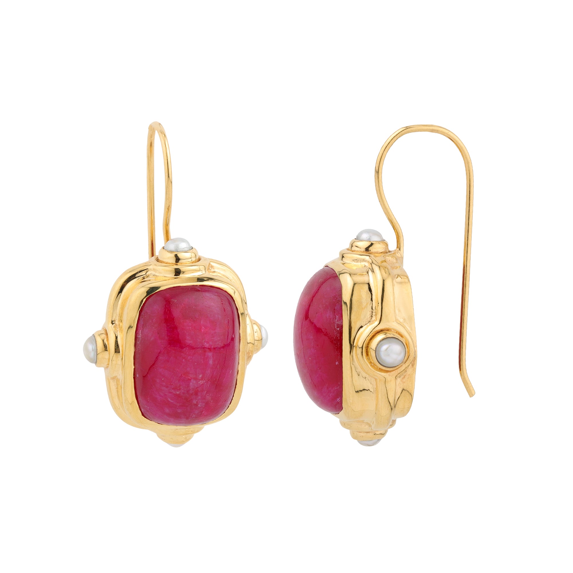 Pink gemstone gold drop earrings product close-up on white background