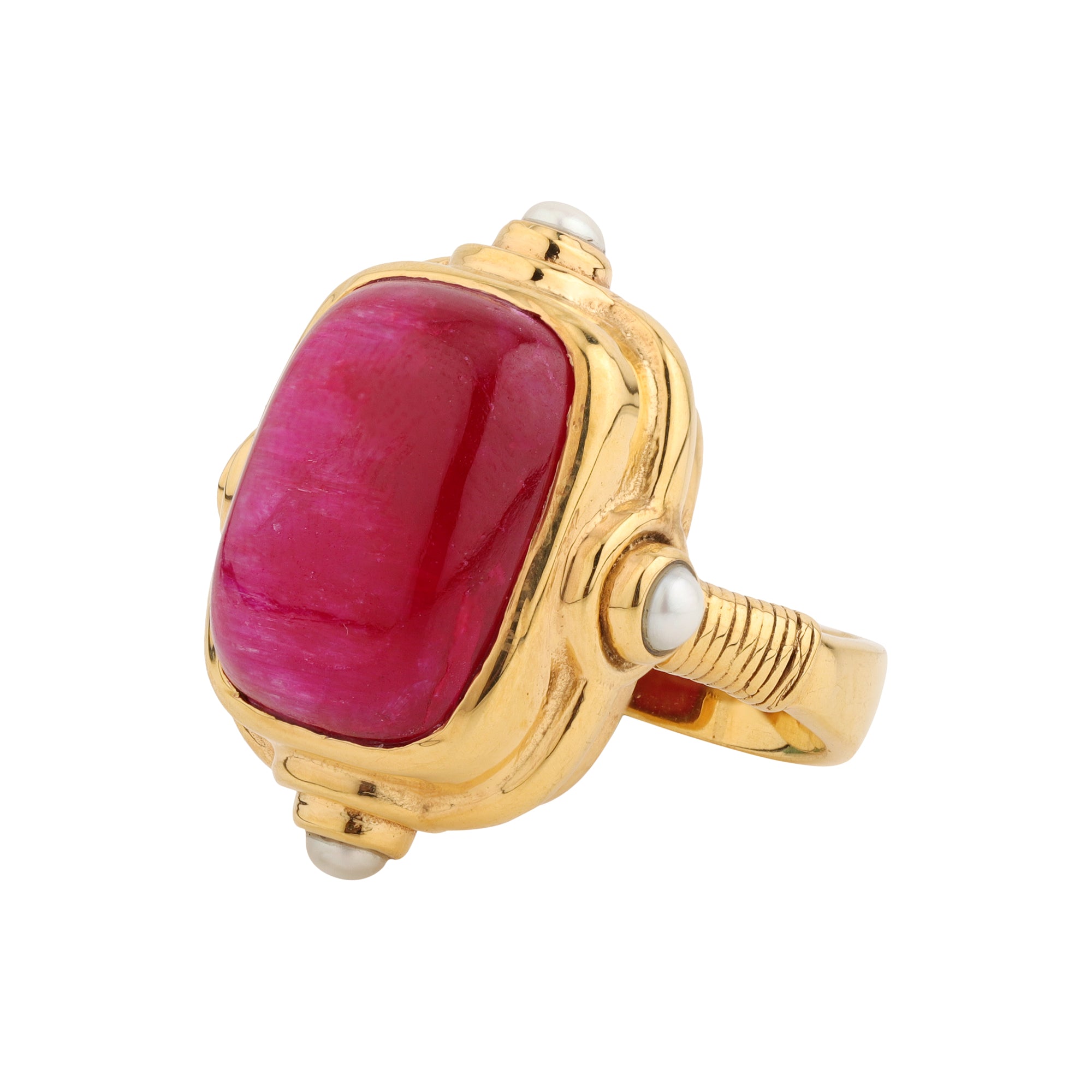 Pink gemstone gold ring product close-up on white background