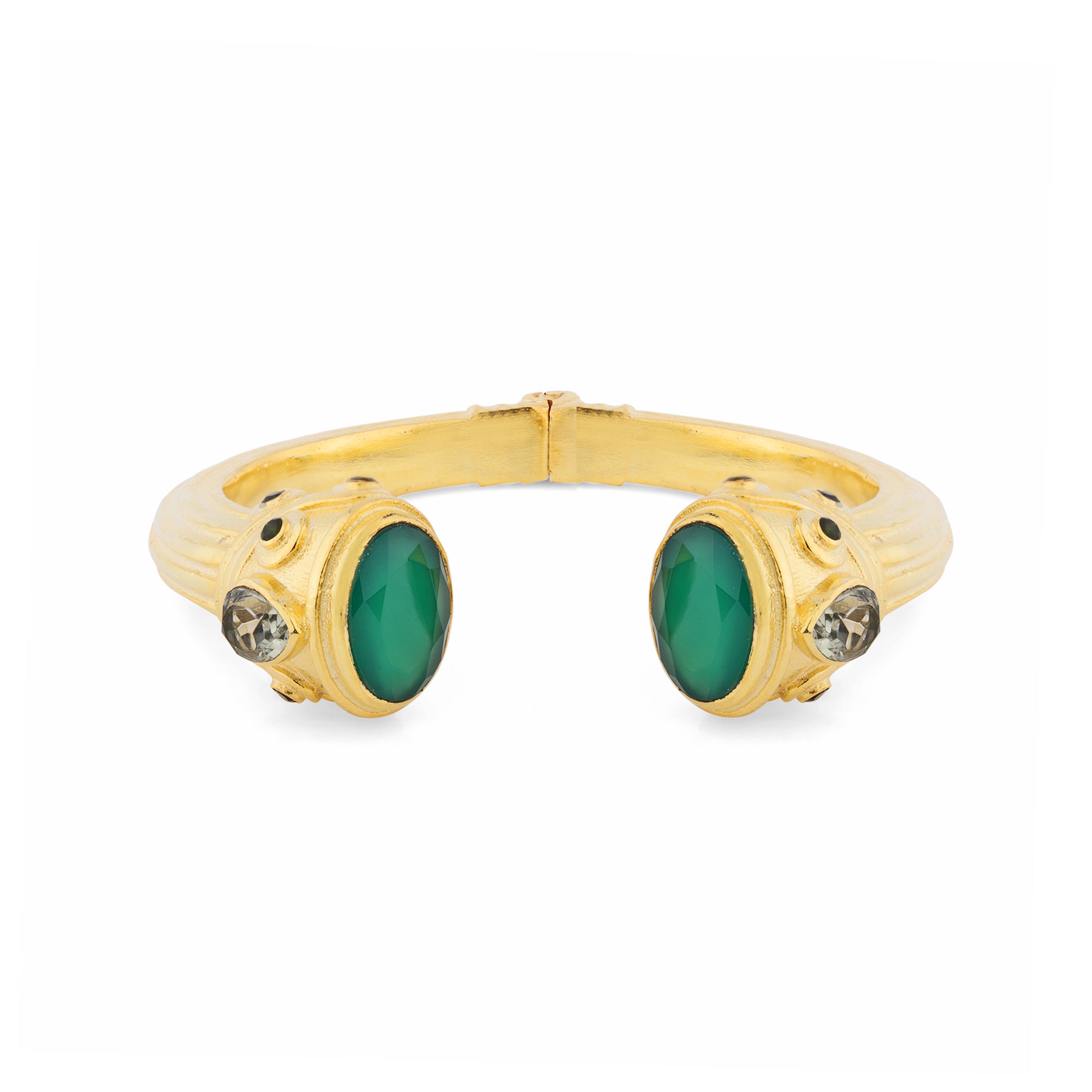 Gold cuff bracelet with green gemstones and crystal detailing