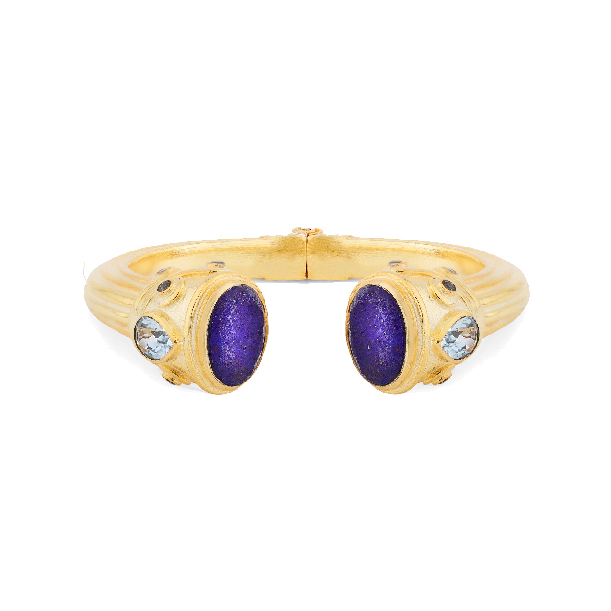 Gold cuff bracelet with oval purple gemstones and crystal accents