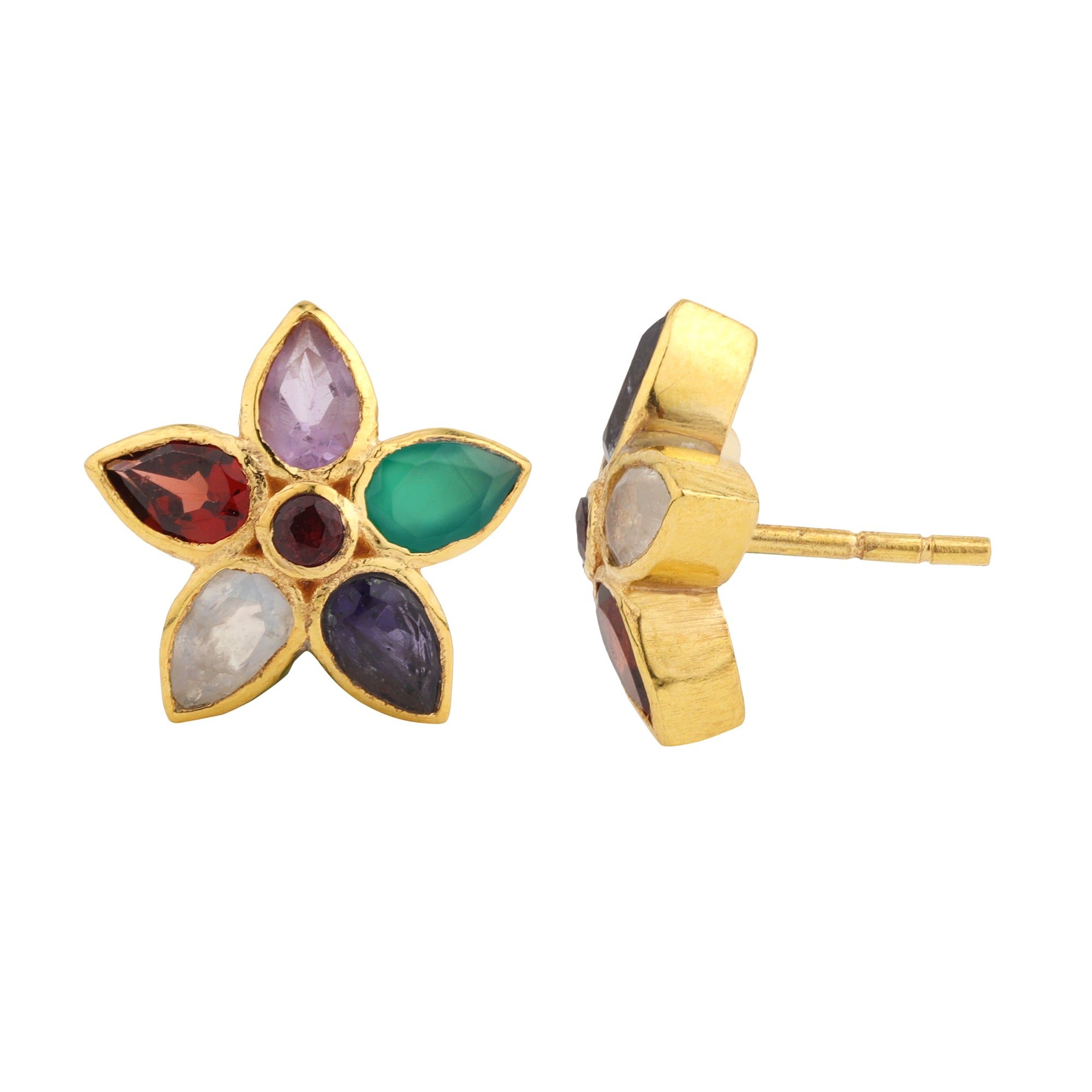 Flower Studs in Multi Gem, gold plated, handcrafted gemstone earrings Singapore