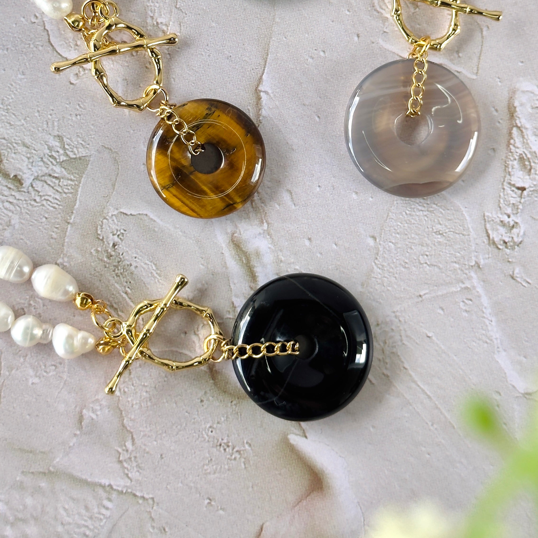 Modern Ming Pearl Necklace with Black Agate Pi Disc in Black Agate, gold plated, handcrafted gemstone necklace Singapore