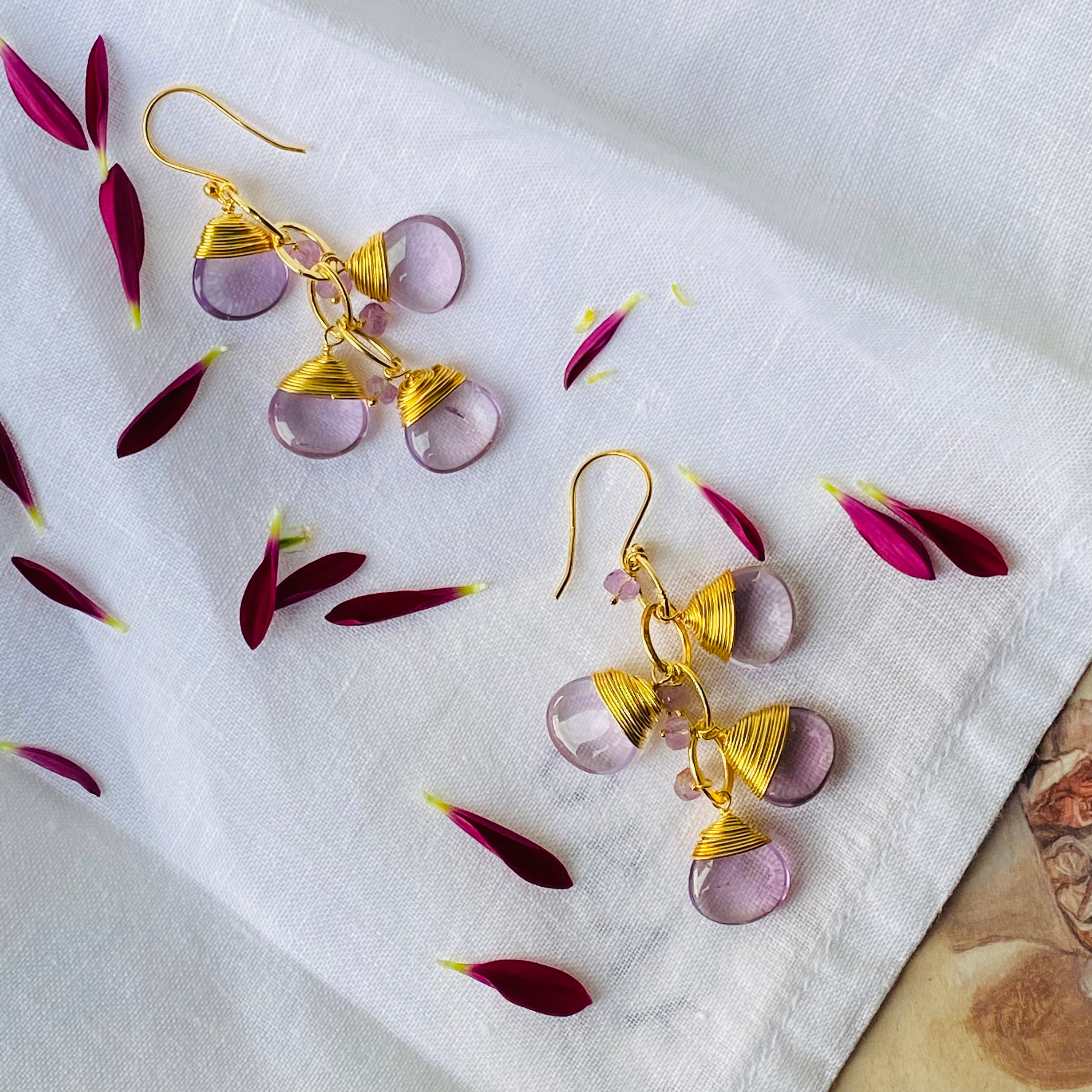 Rose De France Amethyst Briolette Earrings in Rose De France Amethyst, gold plated, handcrafted gemstone earrings Singapore
