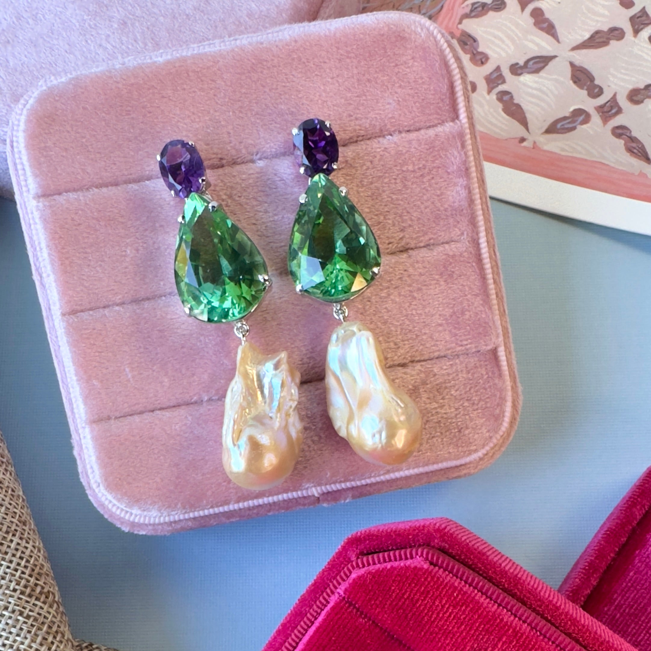 Amethyst, Green Quartz & Baroque Pearl Trio in Amethyst, gold plated, handcrafted gemstone earrings Singapore