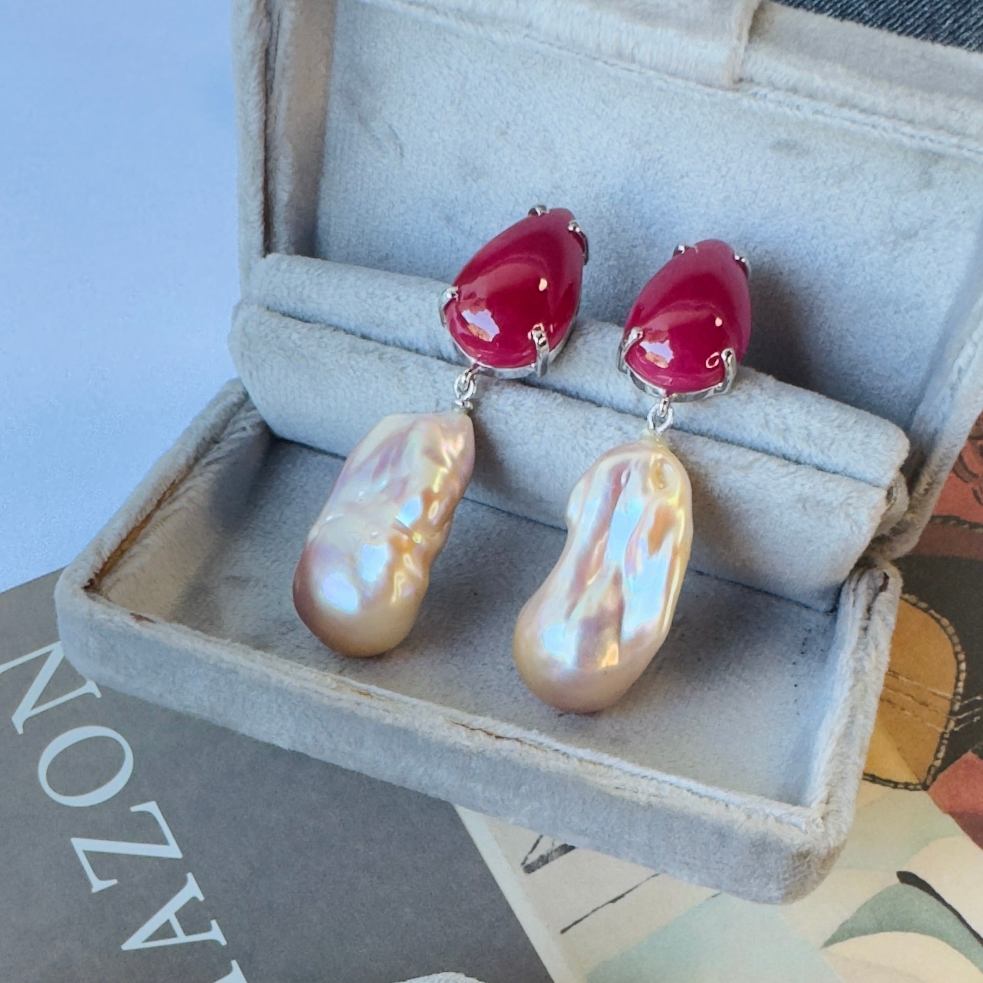 Ruby & Baroque Pearl Drops