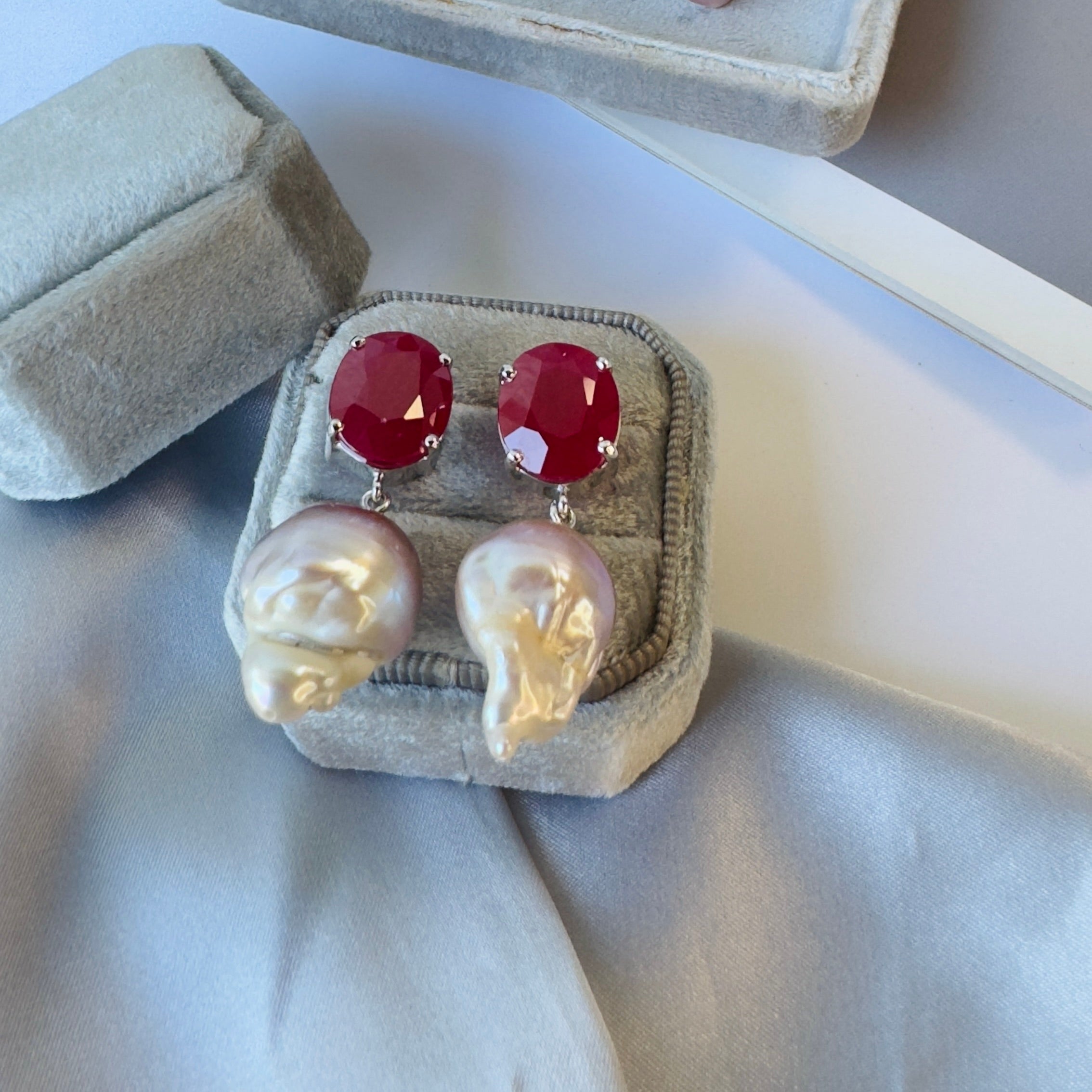 Ruby & Baroque Pearl Drops in Ruby, gold plated, handcrafted gemstone earrings Singapore