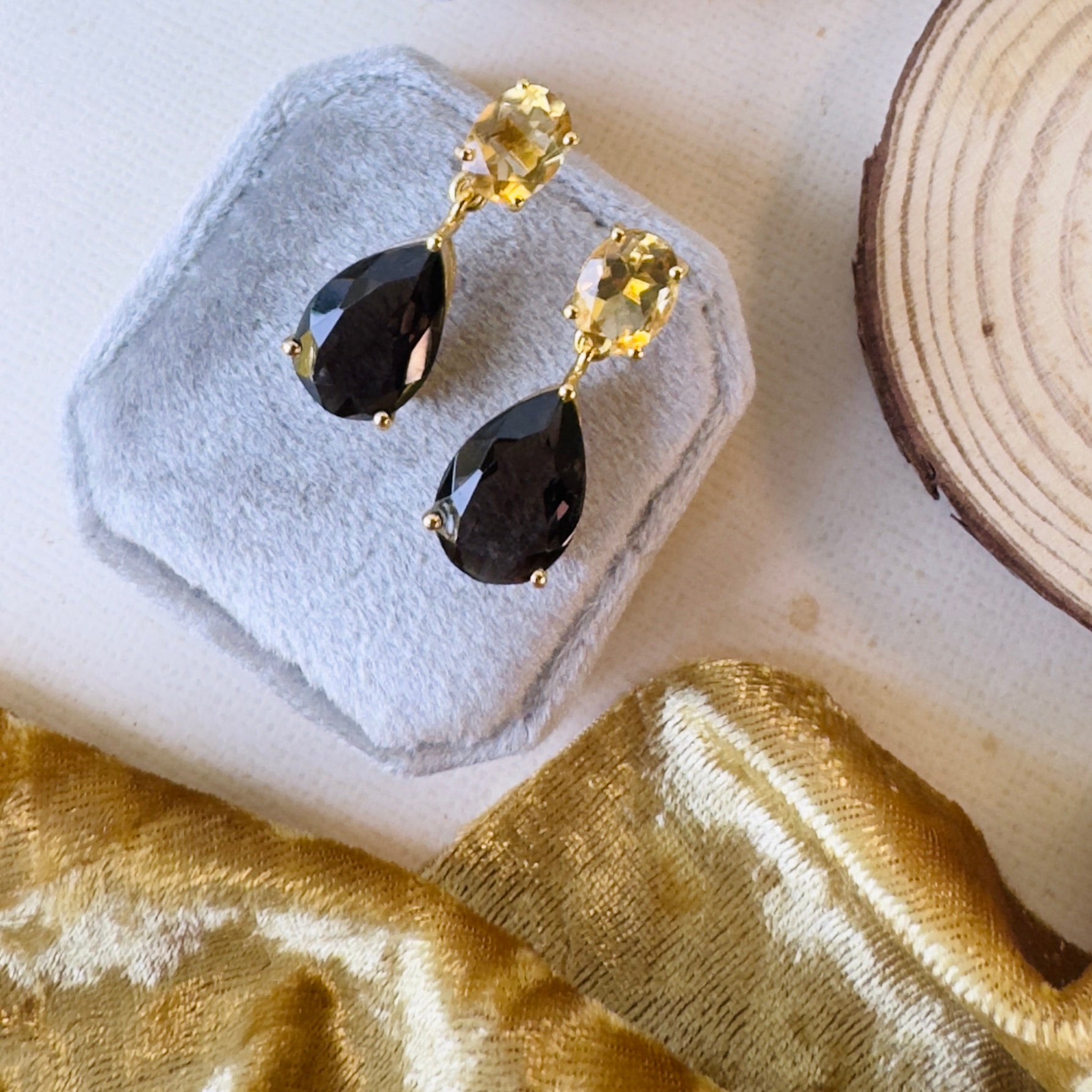 Isolde Earrings in Citrine & Smoky Quartz in Smoky Quartz, gold plated, handcrafted gemstone earrings Singapore