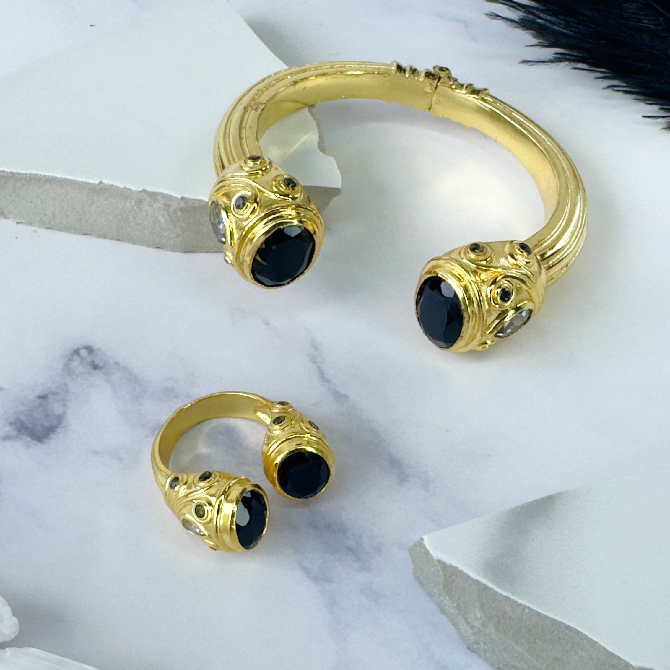 Constantinople Cuff in Black Onyx & Blue Topaz in Black Onyx, gold plated, handcrafted gemstone bracelets Singapore